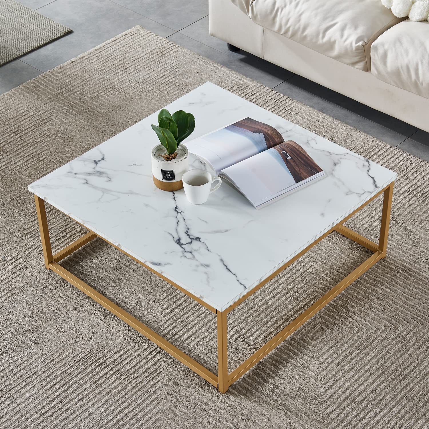 MEUBLE COSY Mesa de Centro Mesitas Salón para el café Sofá Mármol de imitación, Estructura de Metal, Estilo Industrial, 80x80x34cm, Blanco y Dorado