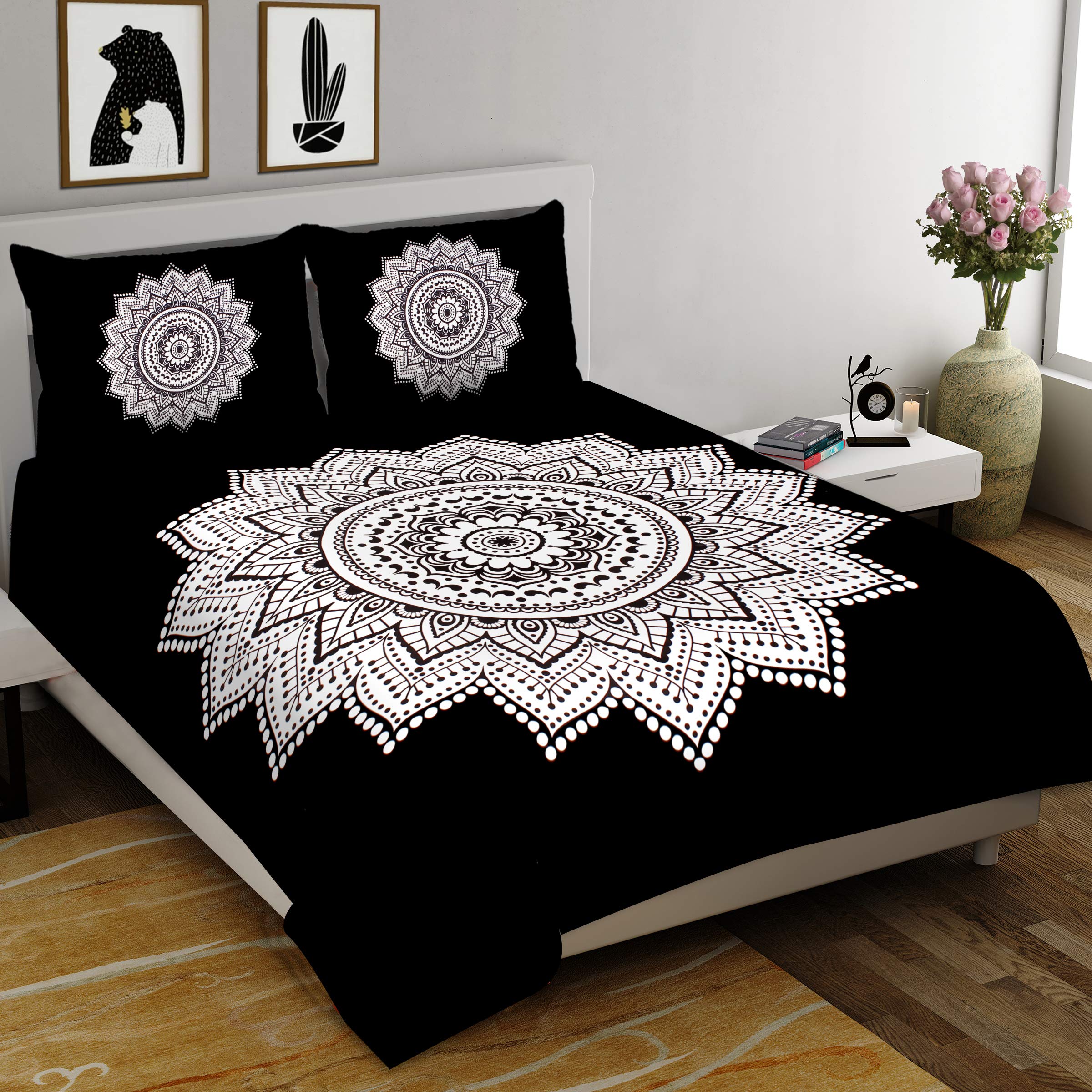 Monique Tie-die Printed Traditional 144 TC Cotton Double Bedsheet with 2 Pillow Covers - Abstract, Superior Black and White (TIE-DIE-BIGSTAR_)