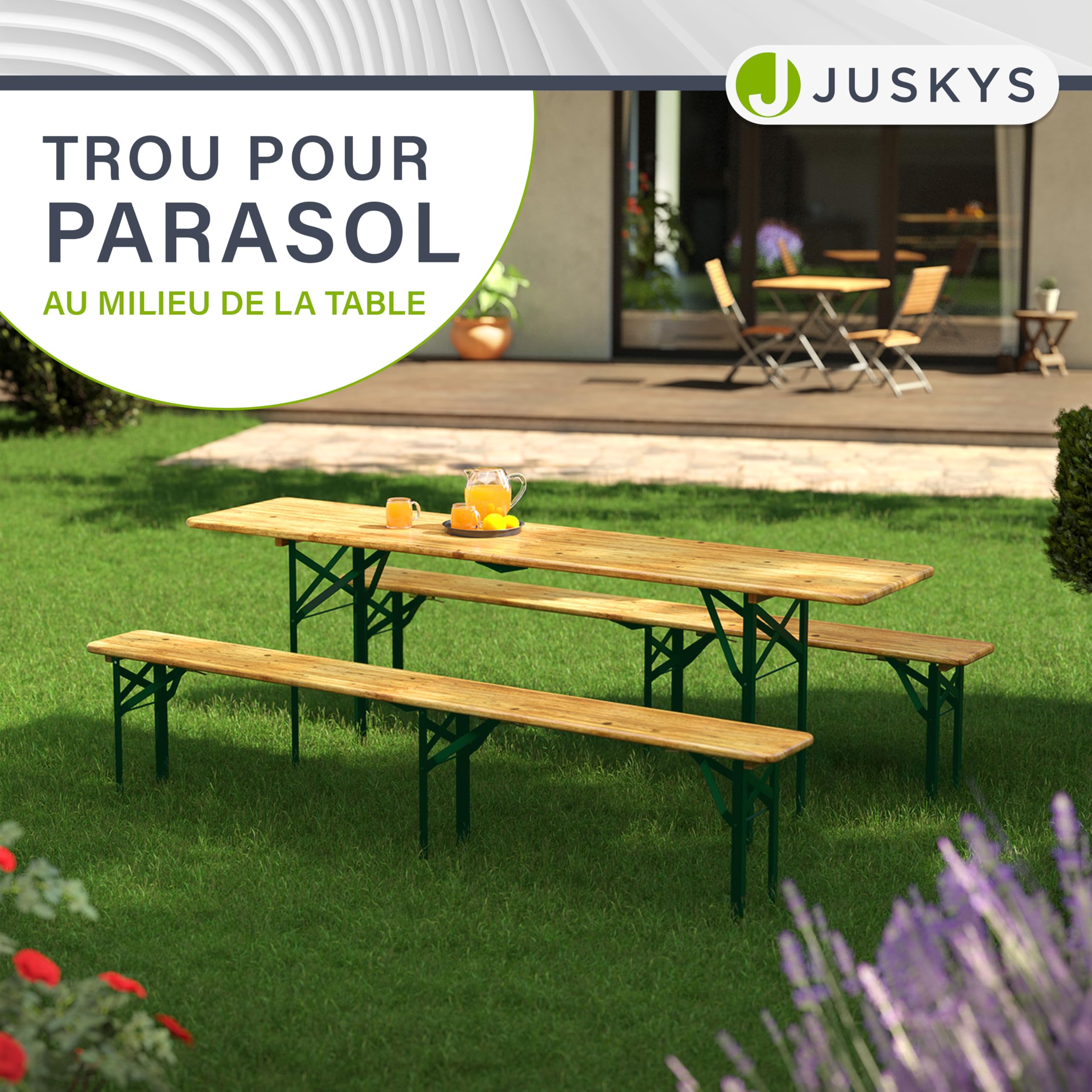Juskys Ensemble Table et bancs de Brasserie - 3 pièces & Pliable - 220 x 50 x 77 cm - Table Pliante Exterieur & 2 bancs - Set de Meubles de Jardin en Bois de Sapin & Acier
