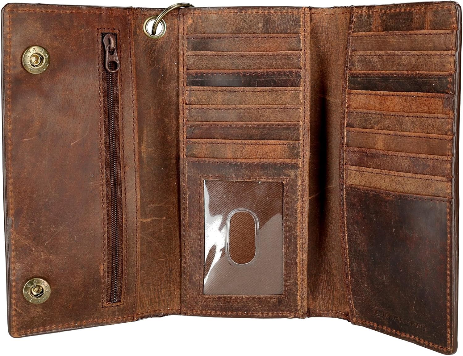 CTM Men's Crazy Horse Leather RFID Long Trifold Chain Wallet, Brown