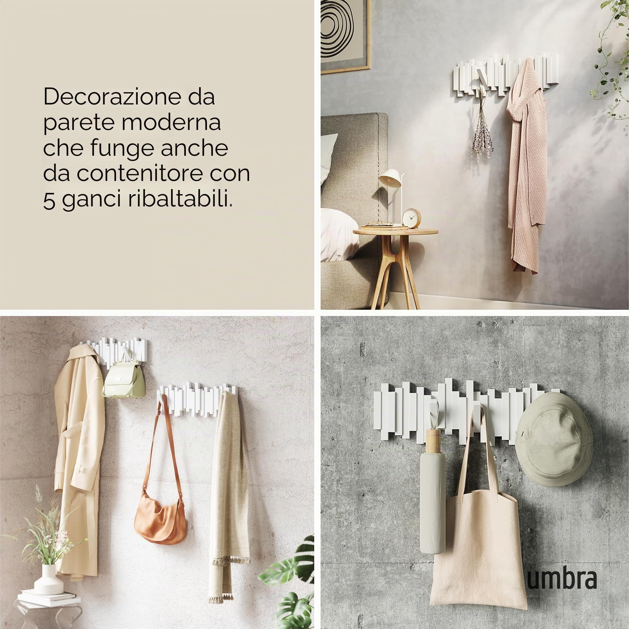 Umbra Sticks Attaccapanni da parete con 5 ganci ribaltabili, Abs, Bianco