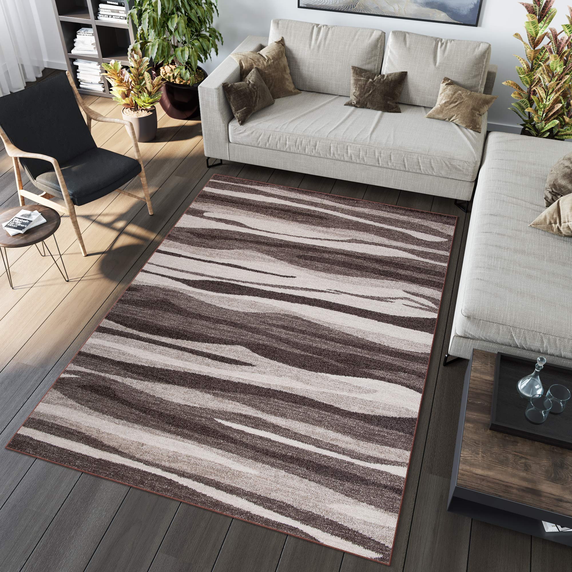 Tapiso Dywan Sari nakrapiany, krótkie runo, designerski, beżowy, brązowy, abstrakcyjne paski, zebra, do salonu, ÖKOTEX 140 x 190 cm