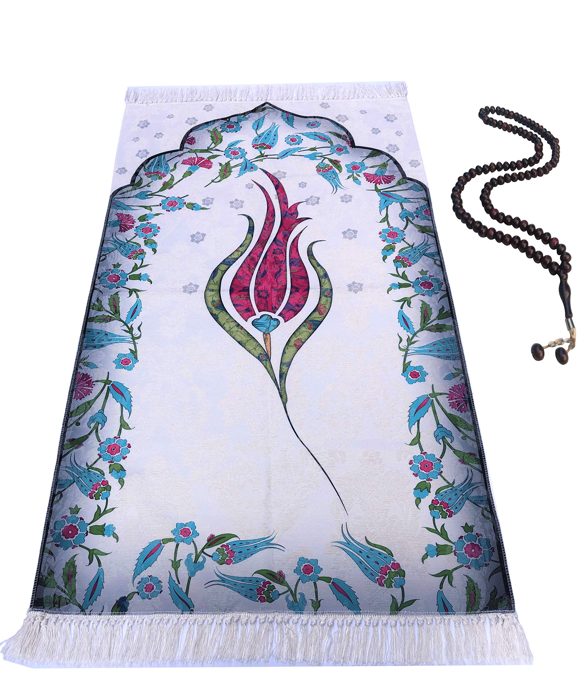Muslim Prayer Rug-Islamic Turkish Prayer Rugs-Great Ramadan Gifts-Prayer Mat for Women and Men-Islam Carpet-Portable Muslims Mats-Praying Rugs Islam with Beads-Gift Prayer Beads 99 (Tulip Pink)