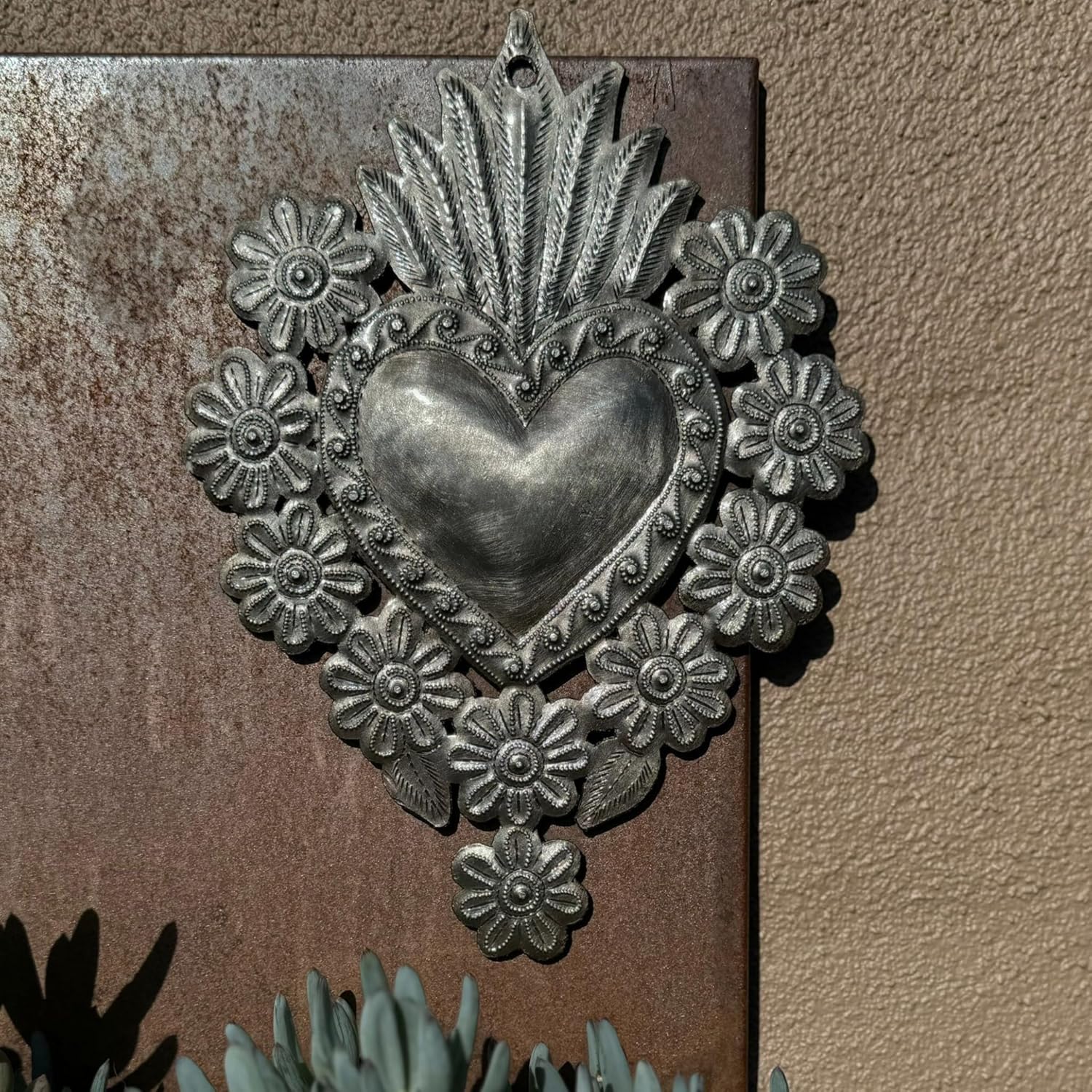 Handmade Metal Milagro Floral Heart 10 x 7.25 Inches Haitian Recycled Steel Art Decorative Wall Hanging Folk Art Heart Décor Fair Trade