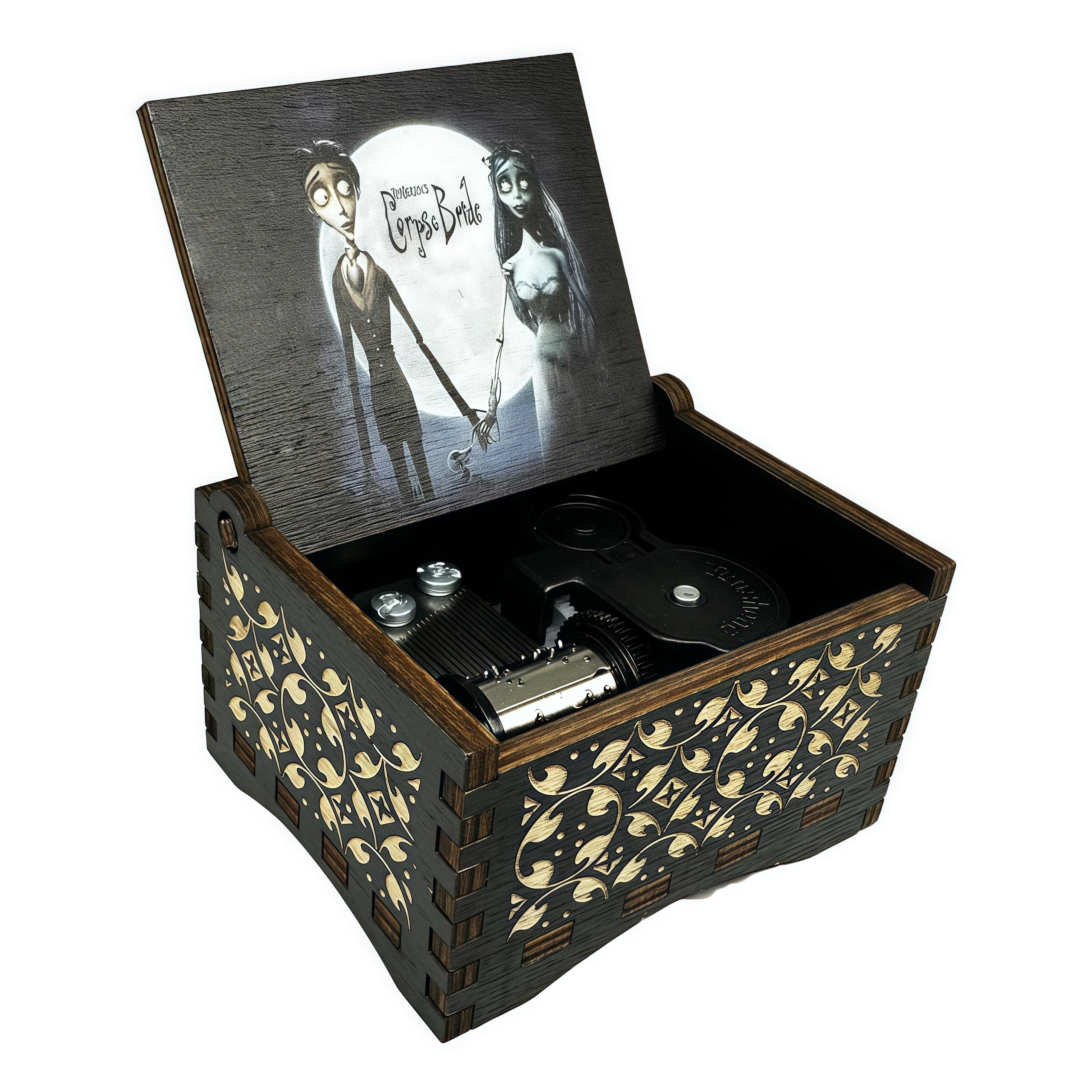 CorpseBride Wind up Wooden Music Box, Antique Wooden Case with Engraved Design, Decorative Collectible Gifts for Birthday,Valentine's Day, Halloween, Christmas (Wind-up Style)