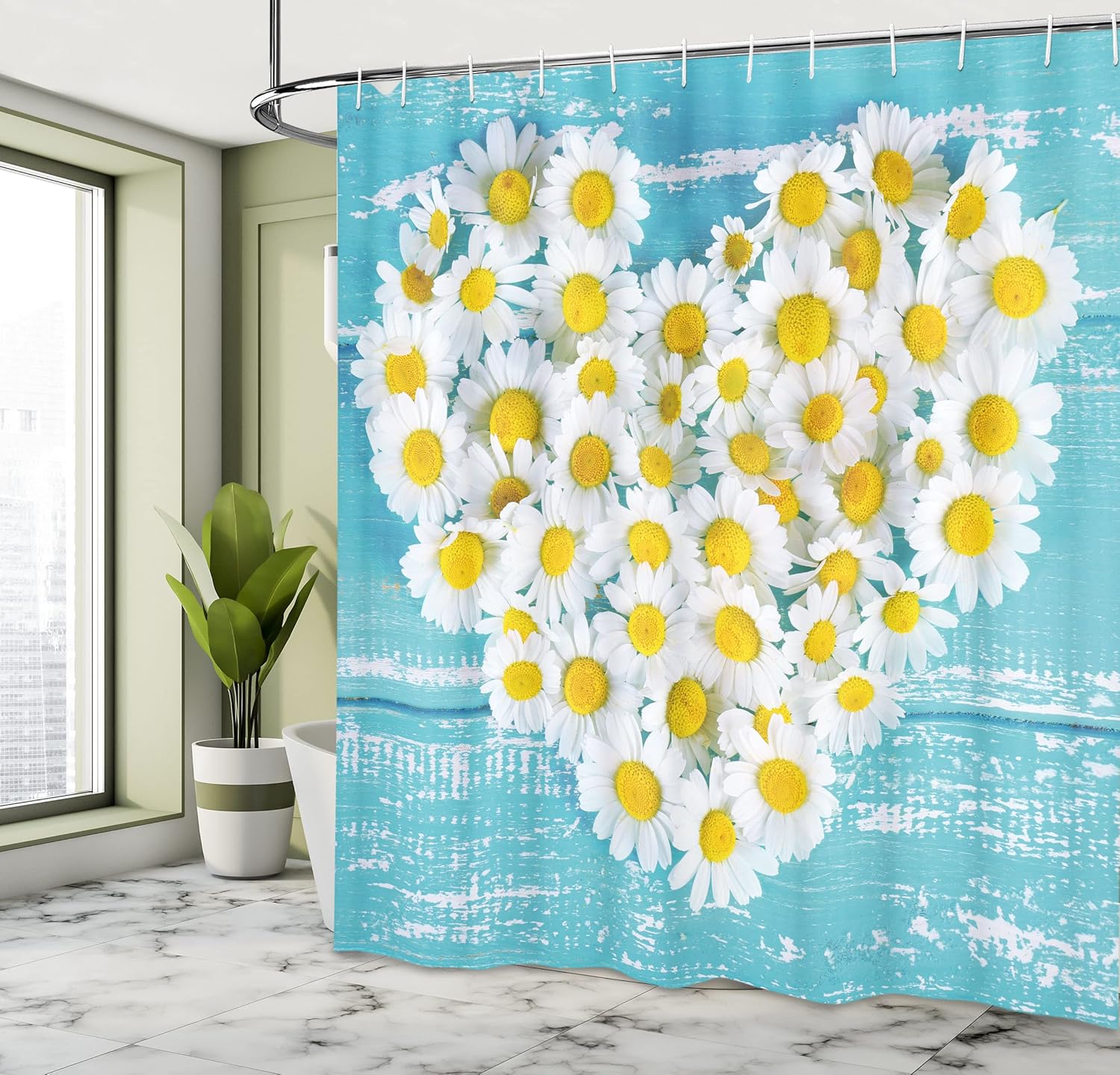 Ambesonne Yellow and Blue Shower Curtain, Heart Shaped Daisy Flowers Romantic Lovers Chamomile Blossoms Print, Cloth Fabric Bathroom Decor Set with Hooks, 69" W x 70" L, Sky Blue White