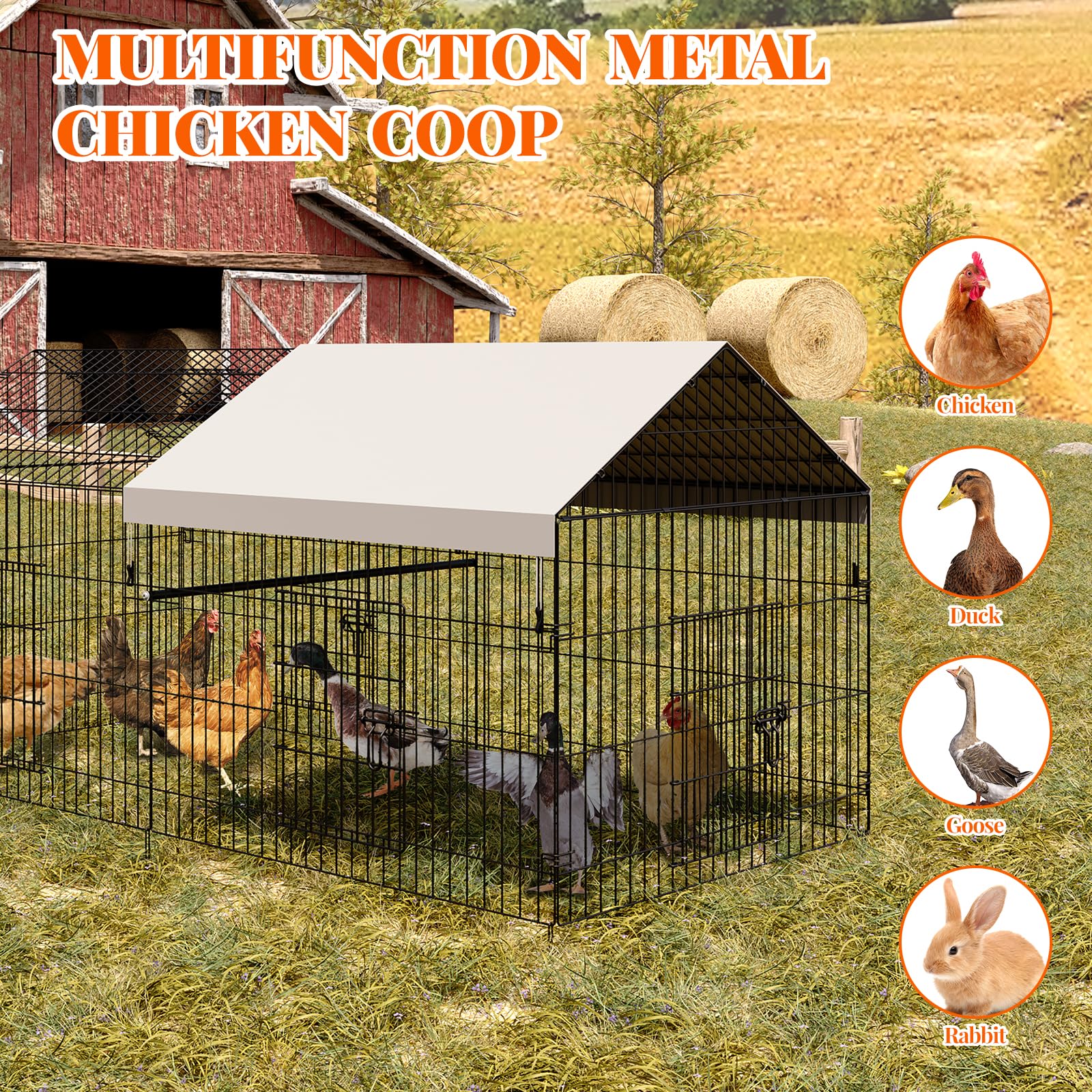 Grand poulailler en métal accessible - 218 x 101 x 101 cm - Avec toit et 4 portes - Verrou - Solide - Pour poules, petits animaux et plantes