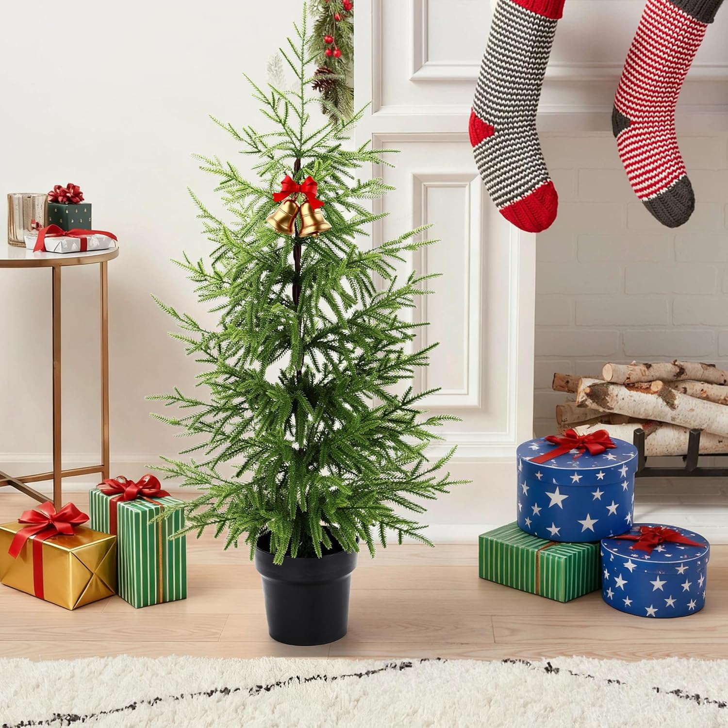 3ft Norfolk Pine Tree Artificial Potted Green Christmas Tree for Tabletop Front Porch Christmas Indoor Outdoor Decor (Green (3FT))