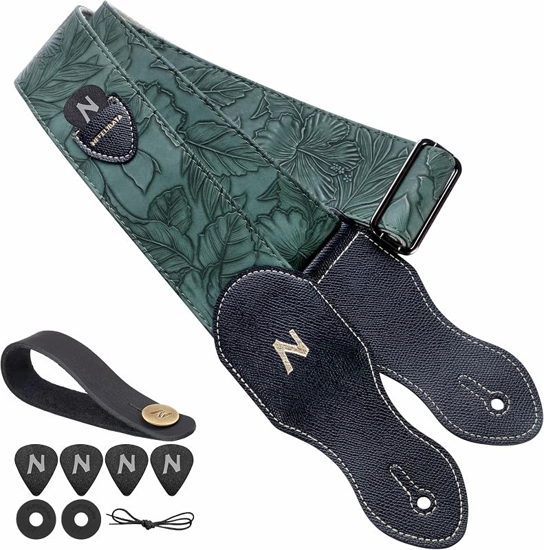 Guitar Strap with Pick Pocket,2.3 inch Porter Style Vegan Leather Carving Guitar Straps,60s Vintage Style Include Guitar Pick,Strap Button and Strap Lock (Green)
