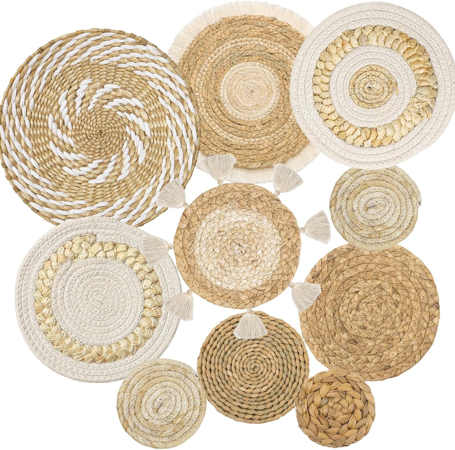 Weldomcor Lot de 10 Paniers Muraux Decoration à Suspendre à la Main Décoration Murale Bohème Panier Plat Bohème Décoratif pour Salon Chambre à Coucher Salle à Manger Bureau Ferme Chambre D'Enfant
