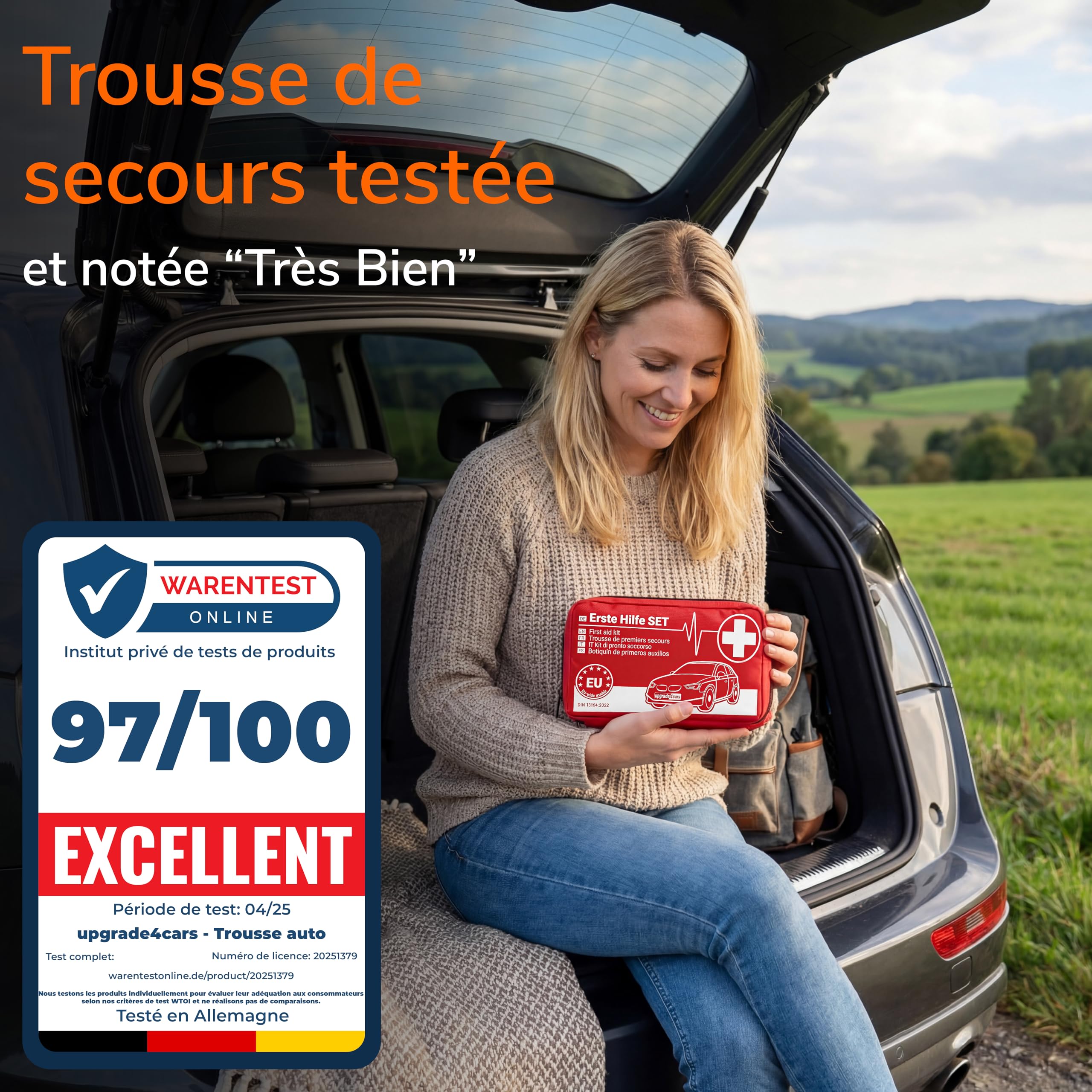 Upgrade4cars Trousse de Secours Auto 2026 DIN 13164 Kit Valable dans Toute l'Europe | Sac de Pansements également pour la Maison & en Déplacement