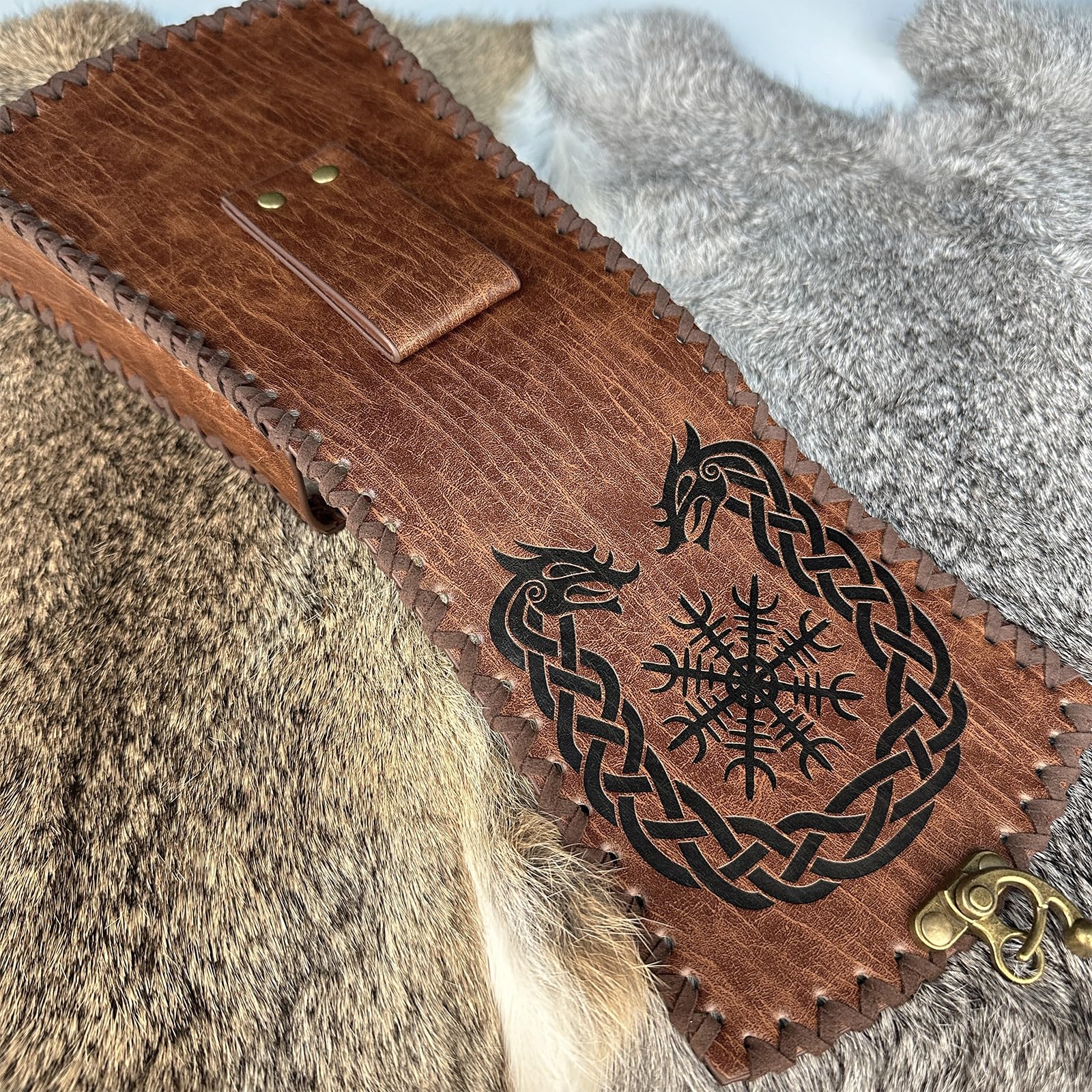 HiiFeuer Riñonera Nórdica de Piel sintética en Relieve, Riñonera Retro Medieval, Riñonera Portátil Vintage con Hebilla para REN Faire