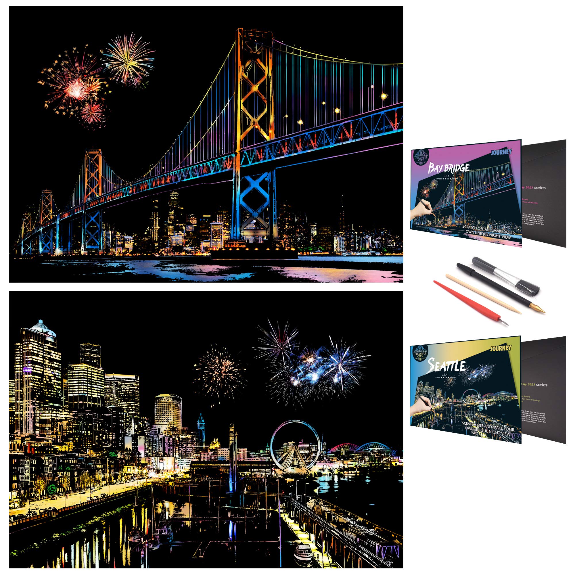 Scratch Rainbow Painting Art Paper,Scratch Art Crafts Set for Adults&amp;Kids,Scratch Painting DIY Creative Gift with 4 Tools,16''x11''(America Series)