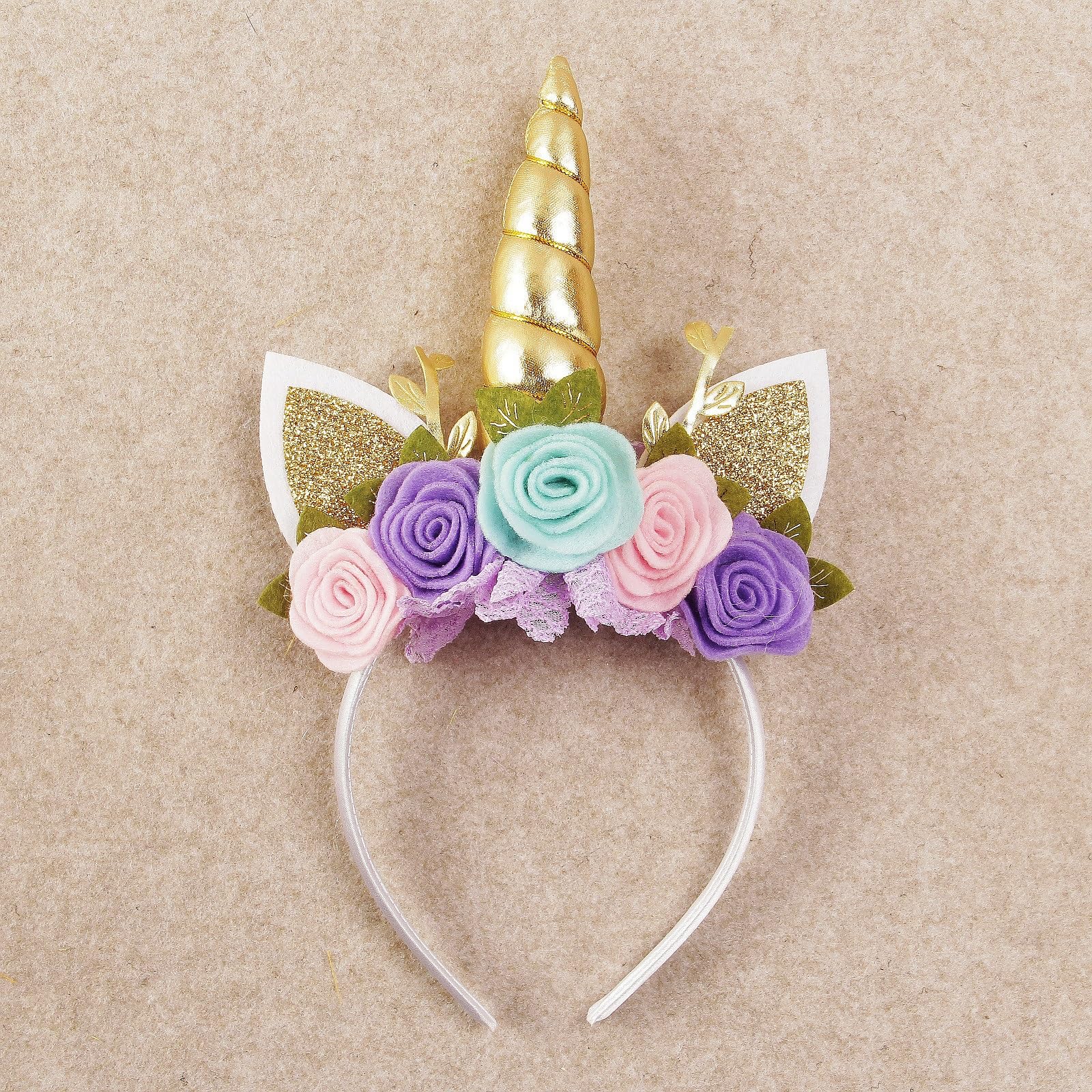 Nishine Unicorn Headband Nonwoven Flowers Cat Ears Pony Head Bands Tiara Glitter Horn for Cosplay Unicorn Party Supplies (Gold,turquoise) - Image 2