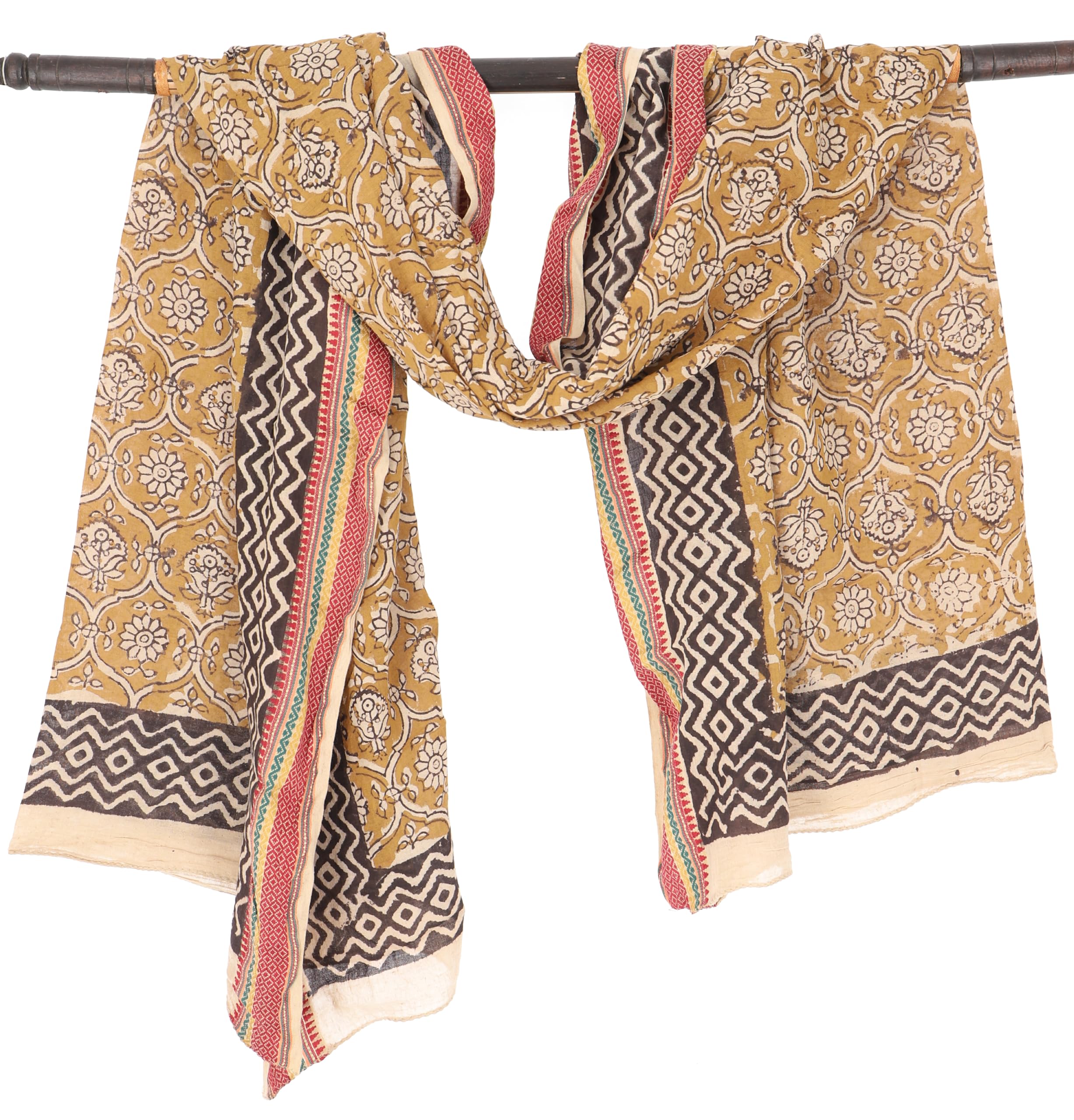 GURU SHOP Pareo ligero, pareo, sarong, paño de algodón estampado a mano, con cenefa tejida, mostaza/marrón, hombre/mujer, amarillo, algodón, tamaño: talla única, 190 x 120 cm, amarillo, Talla única