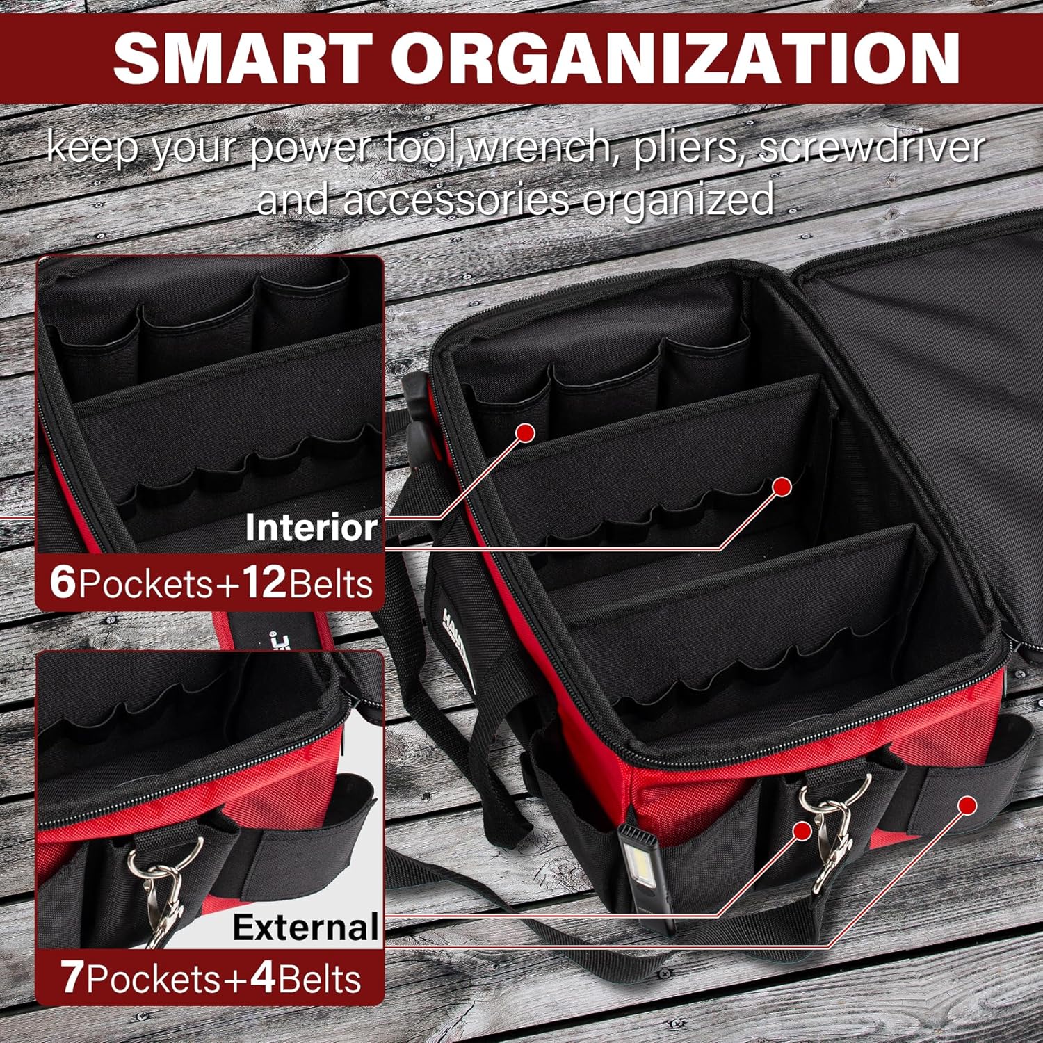 HAUTMEC 16-Inch Tool Bag, Heavy-Duty 1680D Tool Box with Padded Shoulder Strap, Double zipper, Trolley Sleeve, Wide Mouth Tool Case with Removable Divider for Quick Action - HT0401