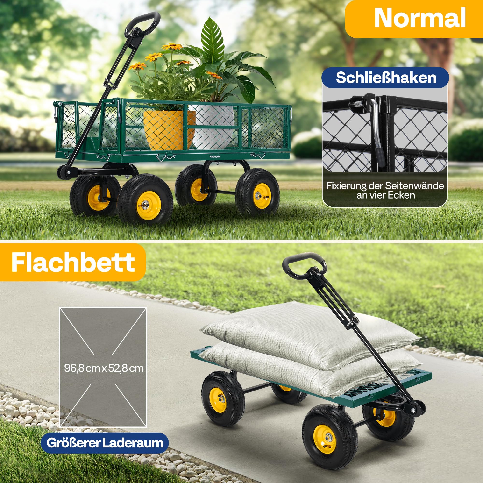 VIVOHOME Gartenwagen Metall Faltbar mit 410kg Tragkraft 25,4cm Luftreifen | Bollerwagen Stabil und Robust mit 180° Drehbarem Griff und Abnehmbaren Seiten für Garten Grün