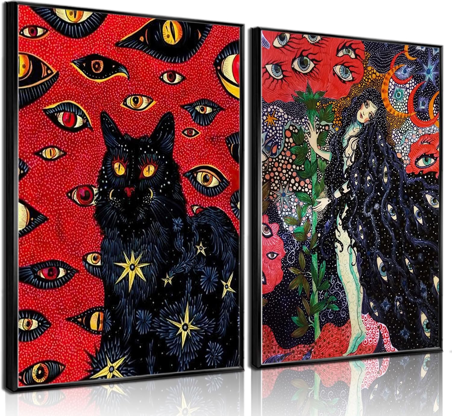 2Pcs Black Cat Cohen Hippie Psychedelic Wall Art Retro Fun Cool Girl Mystical Animal Eyes Stars Canvas Posters Prints Cat Lovers Wall Decor Pictures Bedroom Living Room Dorm Decoration Unframed Hippie Black Cat 8x10in-posters
