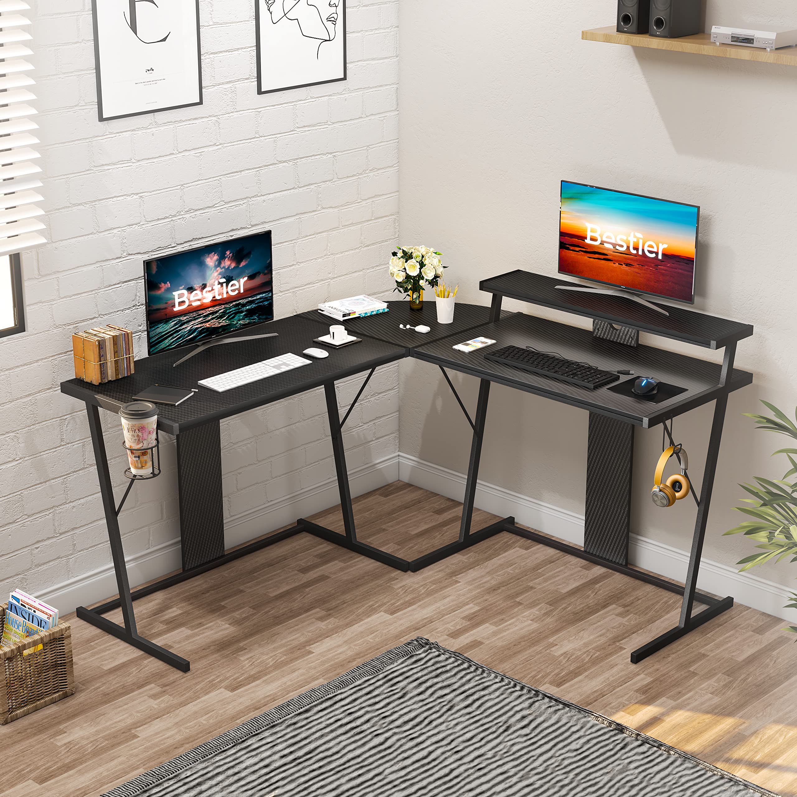 Bestier L Shaped Computer Desk 55” Gaming Desk Led Lights Corner Gaming