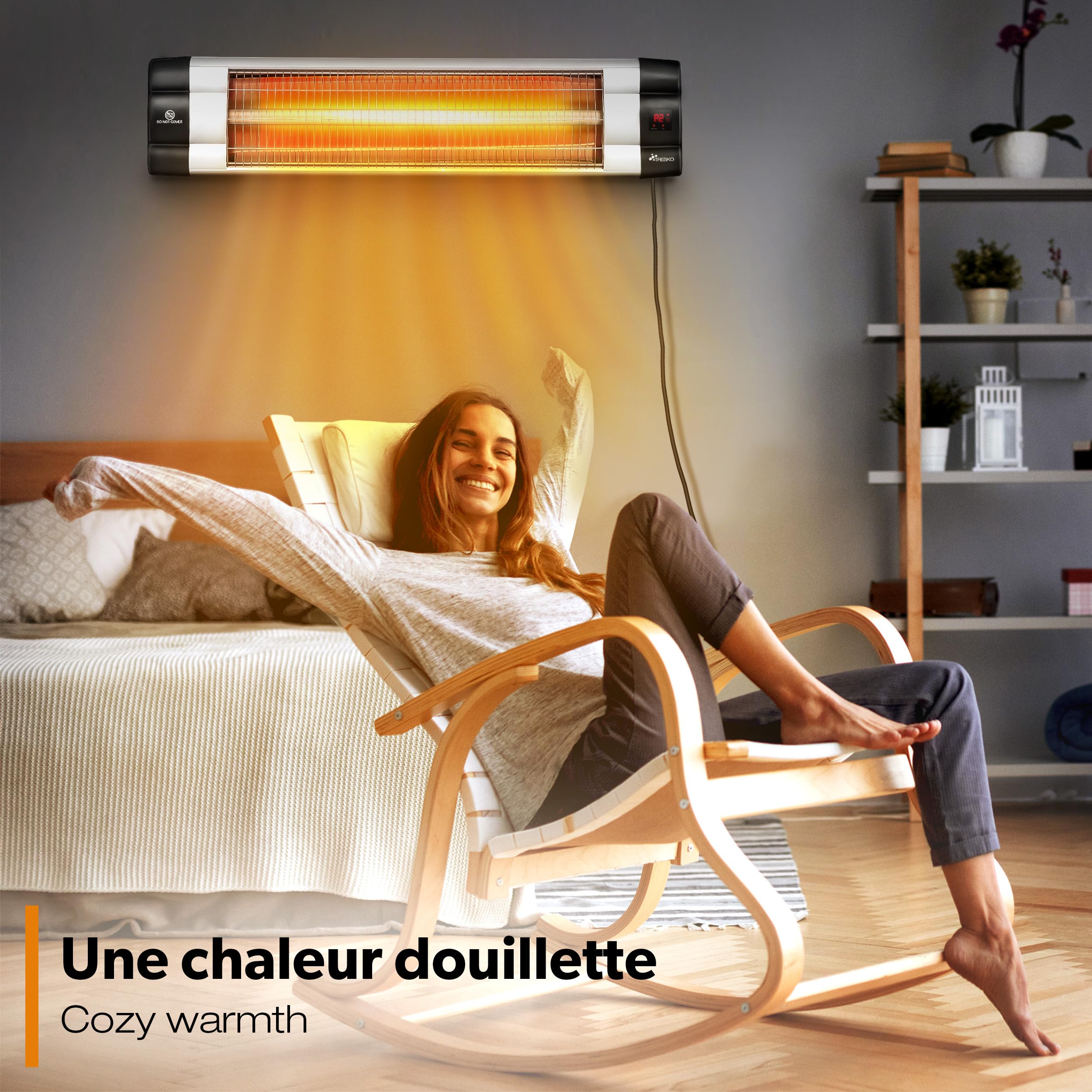 TRESKO Radiateur infrarouge extérieur 2500W Chauffage radiant terrasse murale télécommande 3 niveaux Argent