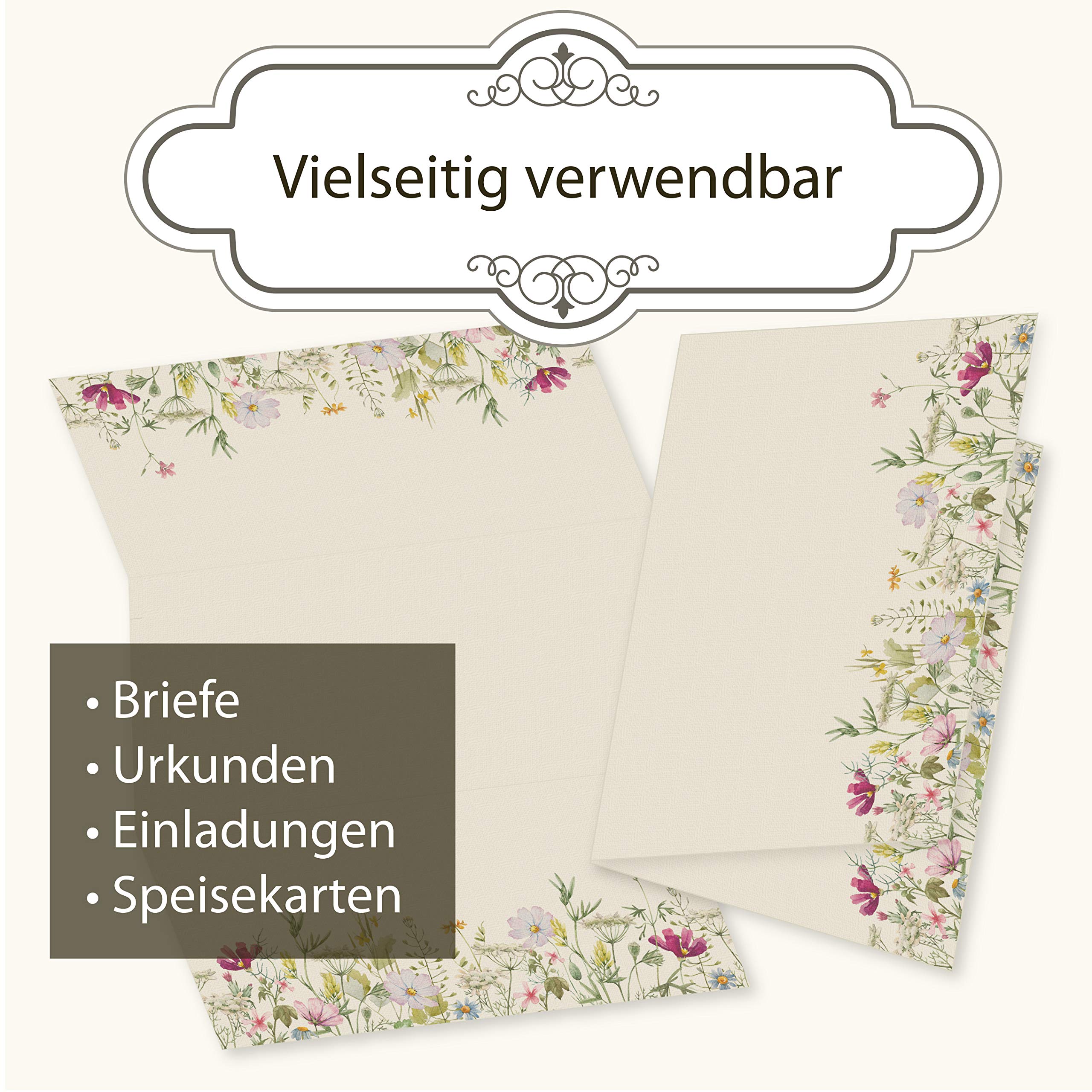 Wildblumen Briefpapier mit Umschlag Set 100 set di carta DIN A4 beidseitig floreale Natur nachhaltig für Frauen Erwachsene Brief Set