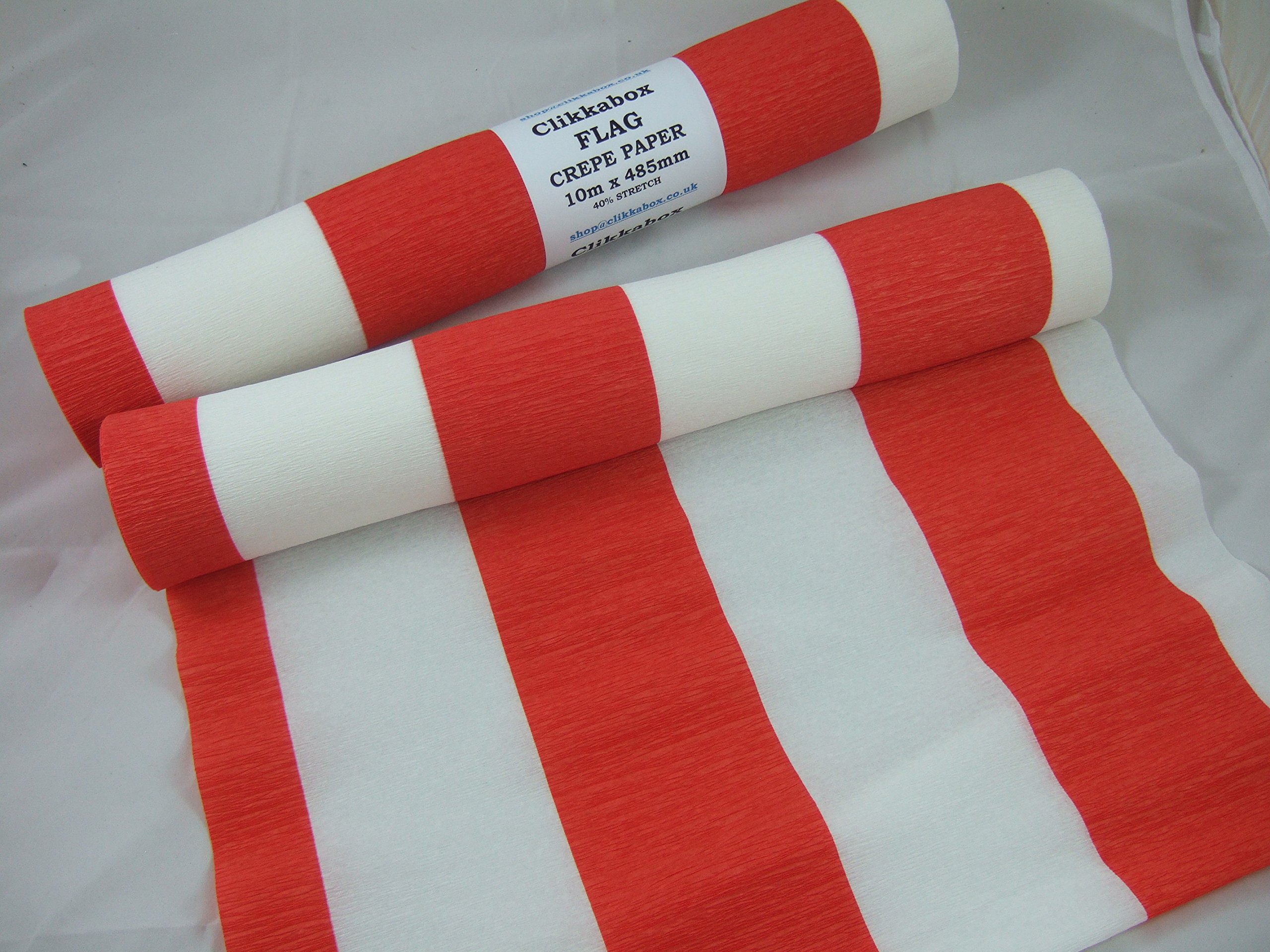 1 Red & White Flag Crepe Paper Roll 10meters x 48.85cm (19ins) heavier than standard crepe and flame retardant. Many uses as decorations, marketing tools, great favourite with schools and the craft industry, World Cup