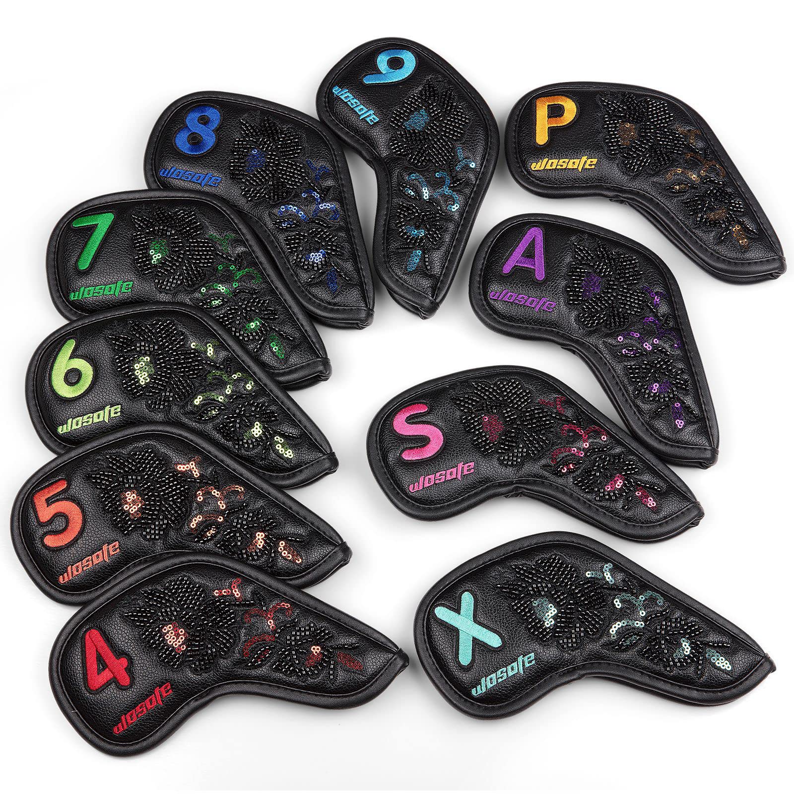 10 Teile/Satz Golf Eisen Headcovers PU Pailletten Stickerei Weiches Plüschfutter Schutzhülle Kopfbedeckung Magic Tape Verschluss Sportzubehör,Black
