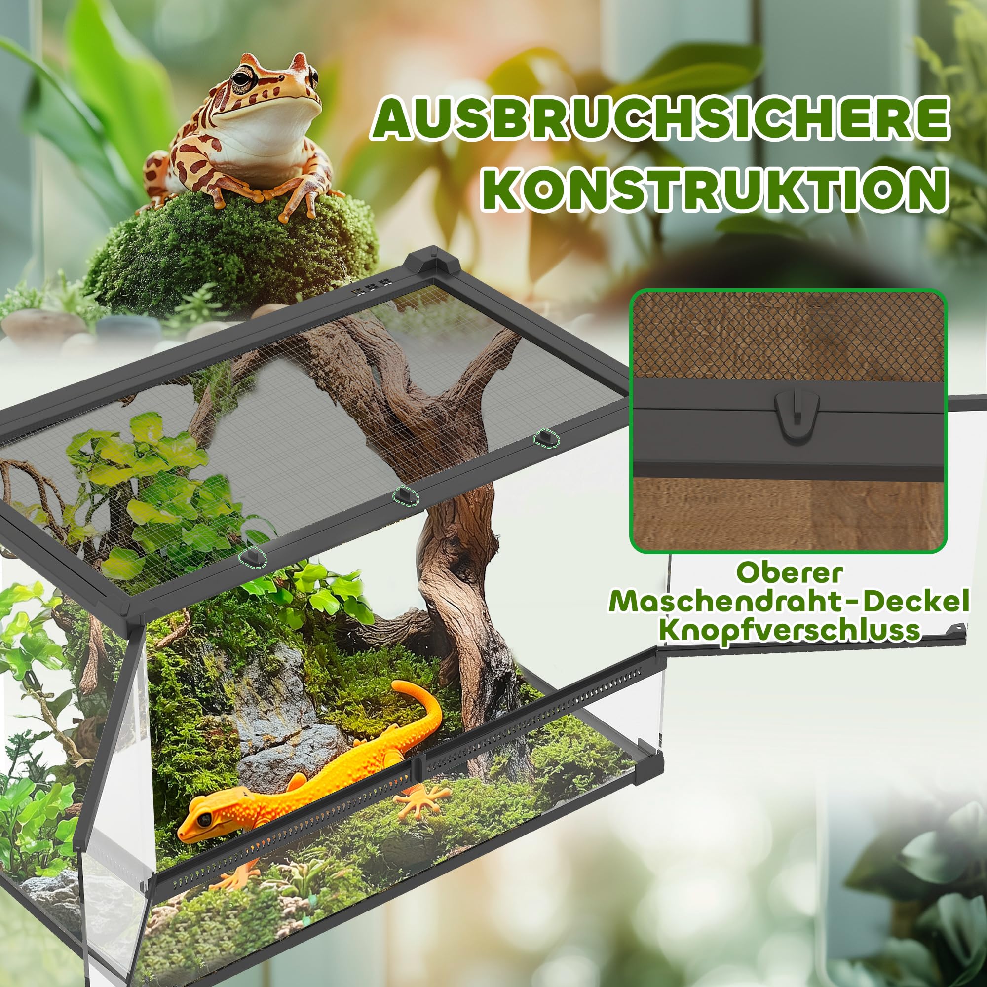 PawHut Terrarium für Reptilien Glasterrarium 48L Reptile Fütterungsbox mit Frontbelüftung ausbruchsicherer Drehverschluss Reptilienzuchtbox für Amphibien Spinne Schwarz 50 x 30 x 35 cm
