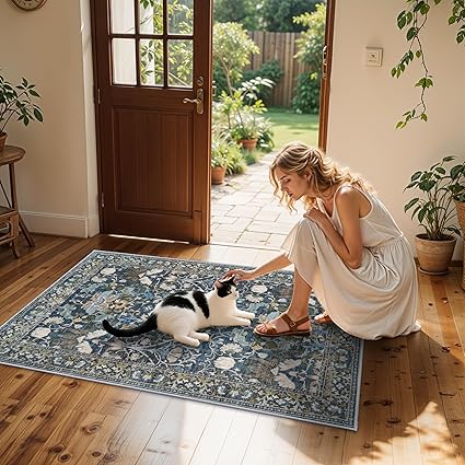4x6 Living Room Area Rugs: Washable Boho Bedside Rugs Non Slip Low Pile Floral Small Carpet for Kitchen Bedroom Non-Shedding Floor Mat for Kids Room Office Dining Room(4x6 Floral/Blue)