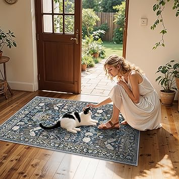 4x6 Living Room Area Rugs: Washable Boho Bedside Rugs Non Slip Low Pile Floral Small Carpet for Kitchen Bedroom Non-Shedding Floor Mat for Kids Room Office Dining Room(4x6 Floral/Blue)