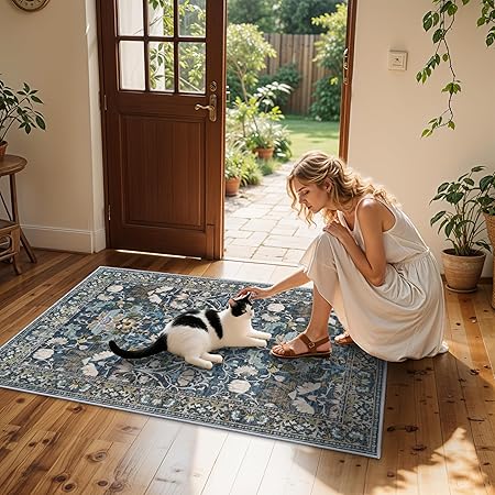 4x6 Living Room Area Rugs: Washable Boho Bedside Rugs Non Slip Low Pile Floral Small Carpet for Kitchen Bedroom Non-Shedding Floor Mat for Kids Room Office Dining Room(4x6 Floral/Blue)