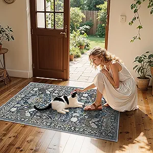 4x6 Living Room Area Rugs: Washable Boho Bedside Rugs Non Slip Low Pile Floral Small Carpet for Kitchen Bedroom Non-Shedding Floor Mat for Kids Room Office Dining Room(4x6 Floral/Blue)