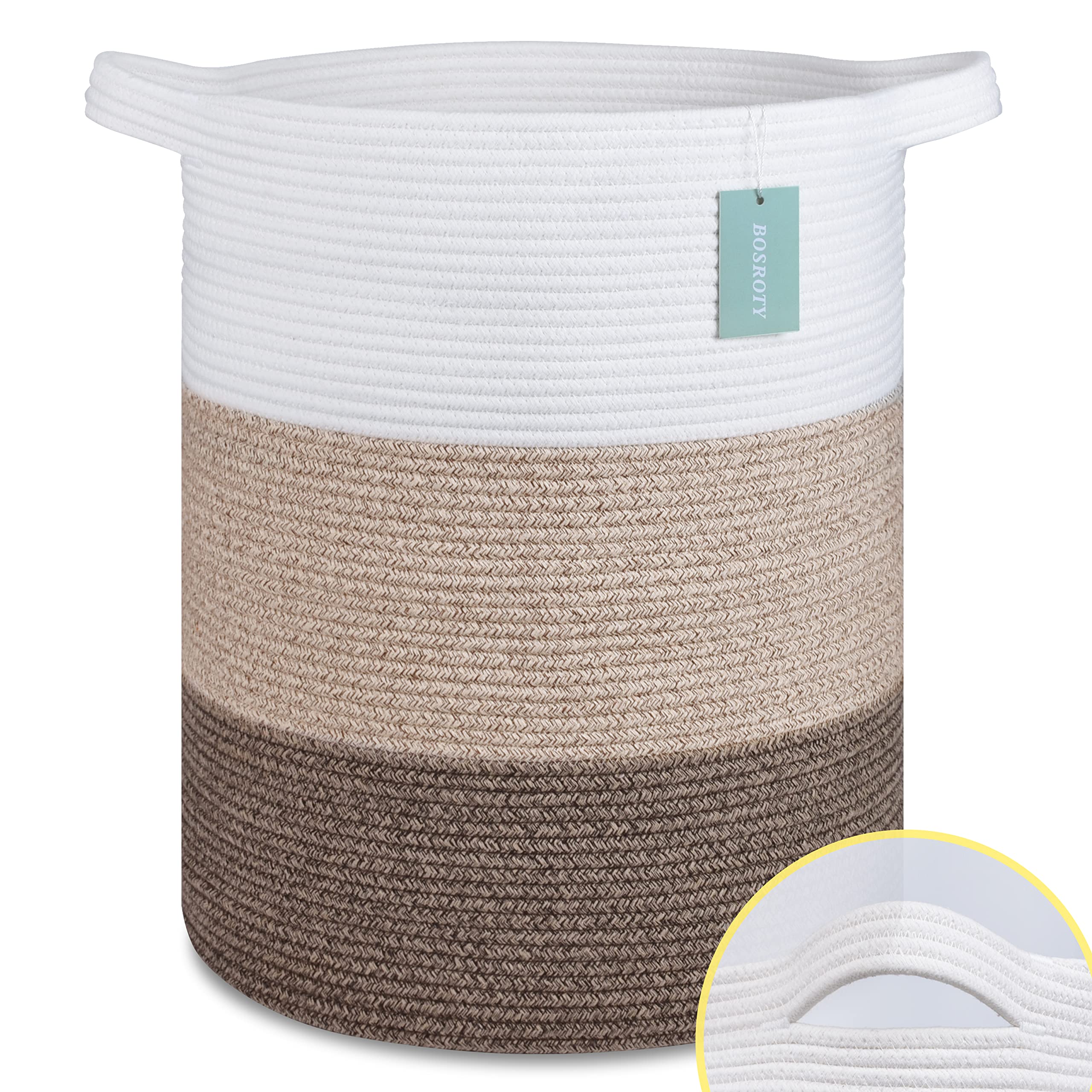 BOSROTY Large Blanket Basket, Nursery Hamper, Tall Laundry Basket 72L, Cotton Rope Woven Laundry Hamper for Storage Toys Clothes Towels, 40 x 55 CM, White & Gradient Brown