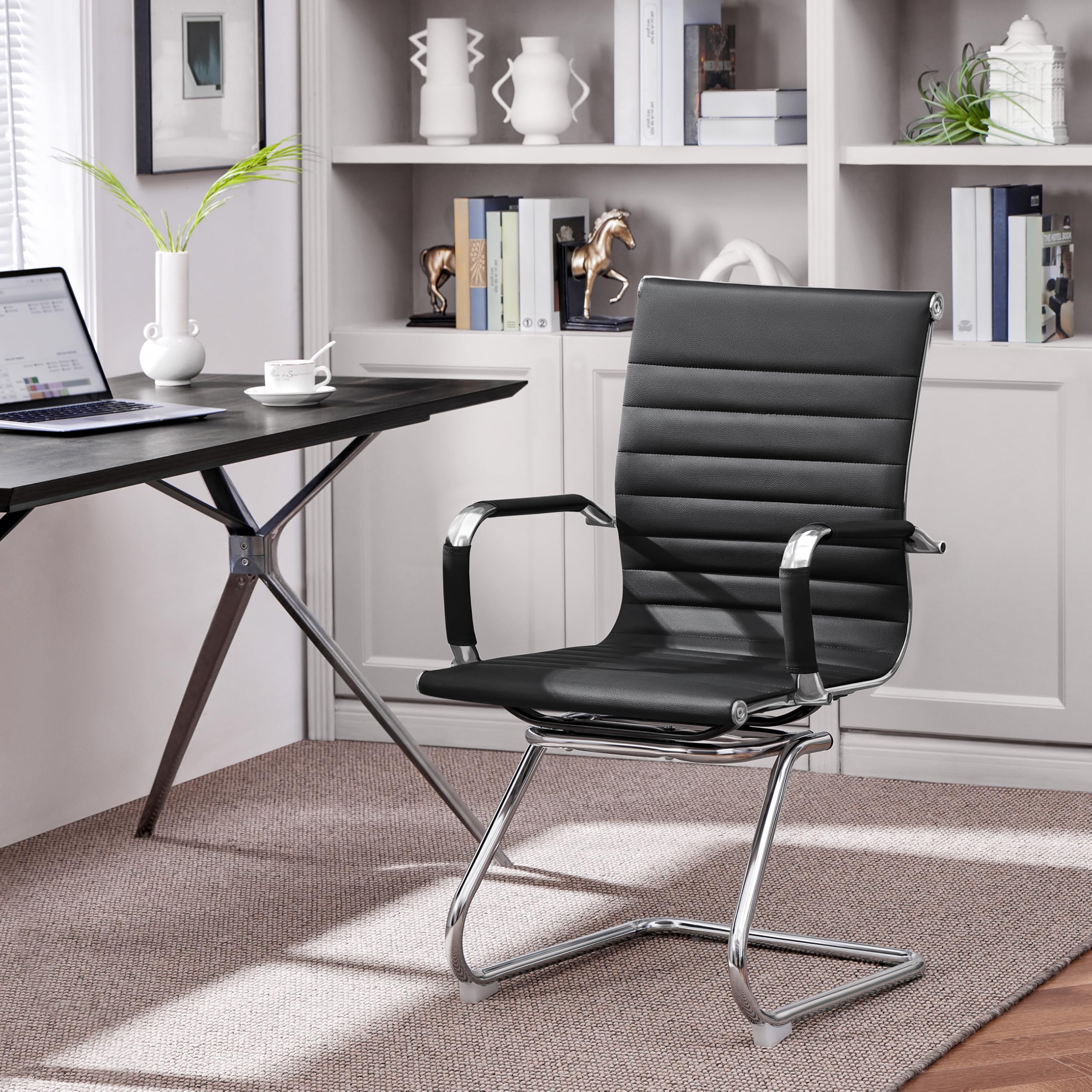 Yaheetech Chaises de Conférence Lot de 2 Chaises de Bureau Ergonomique avec Accoudoirs Chaises Cantilever pour Bureau, Réception, Réunion, Salle D’Attente, Noir