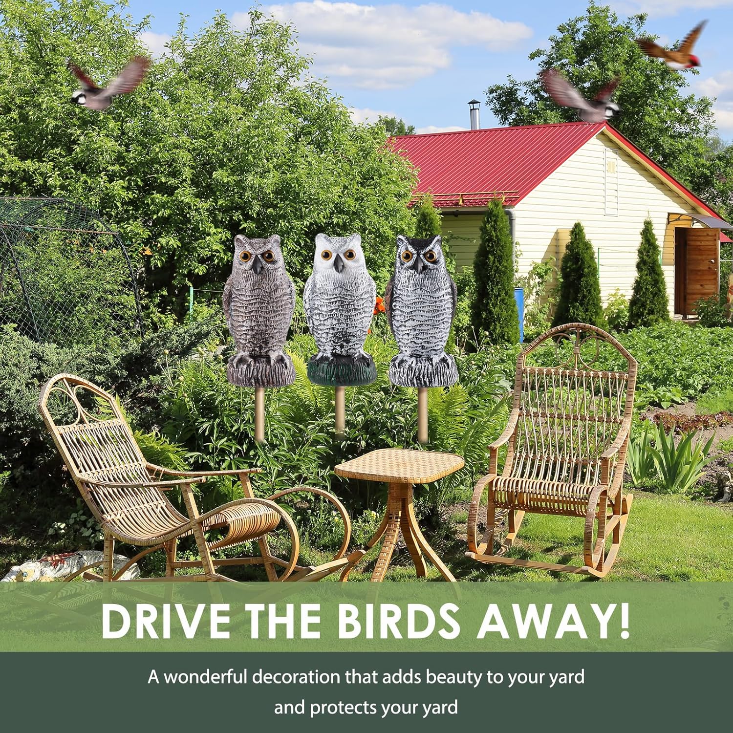 Fake Owl Decoy, Lomrsiul Plastic Garden Owl Scarecrow for Garden, Halloween Decorations Outdoor, Waterproof Owl Statue for Courtyard Orchard Doorway Roof Owl Decor 3 Pack - Image 4