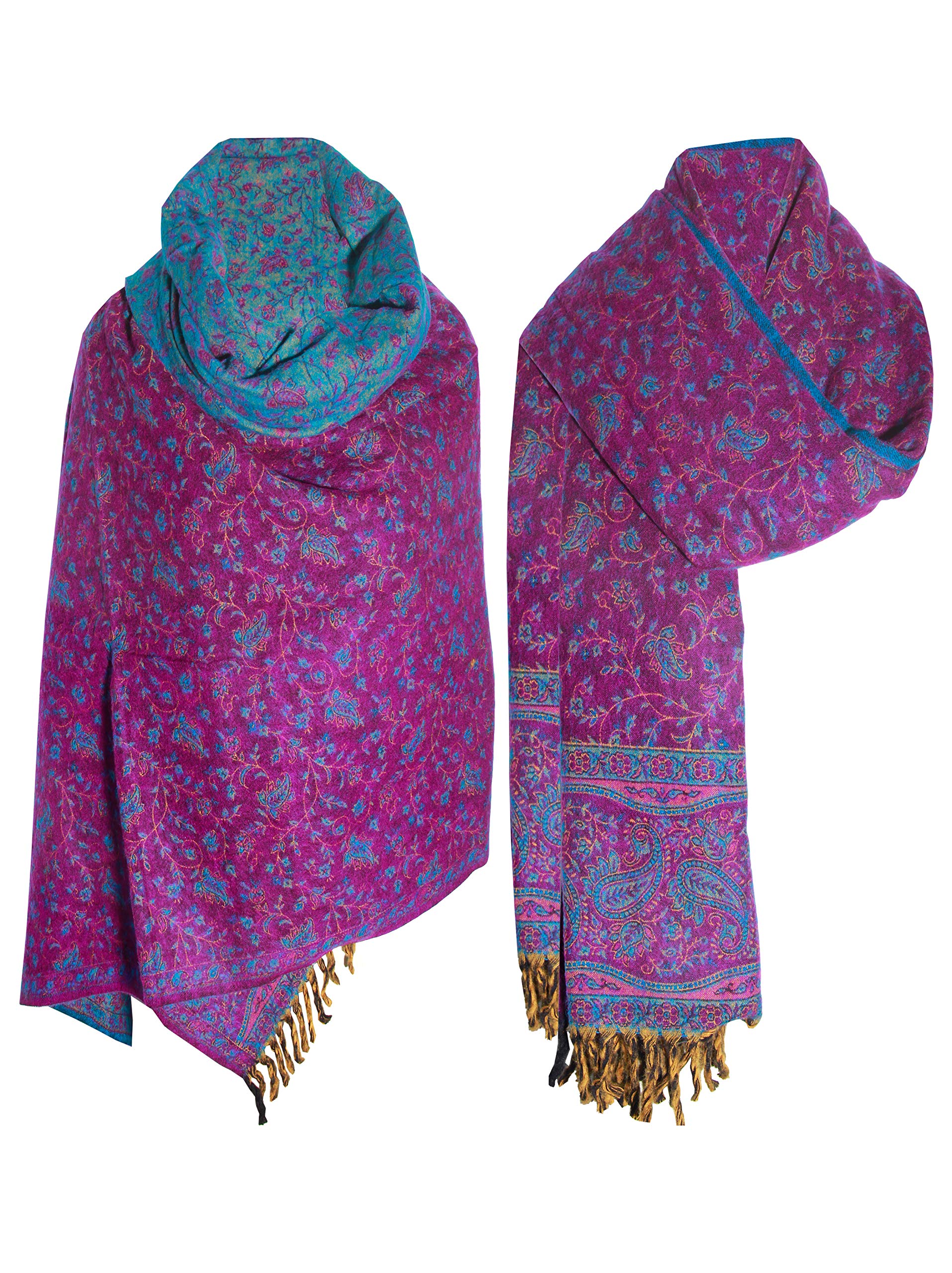 TIBET Handgefertigter luxuriöser Schal mit floralem Muster, übergroß, wendbar, aus reiner Yakwolle, Violett / Blau, violett, blau, One size