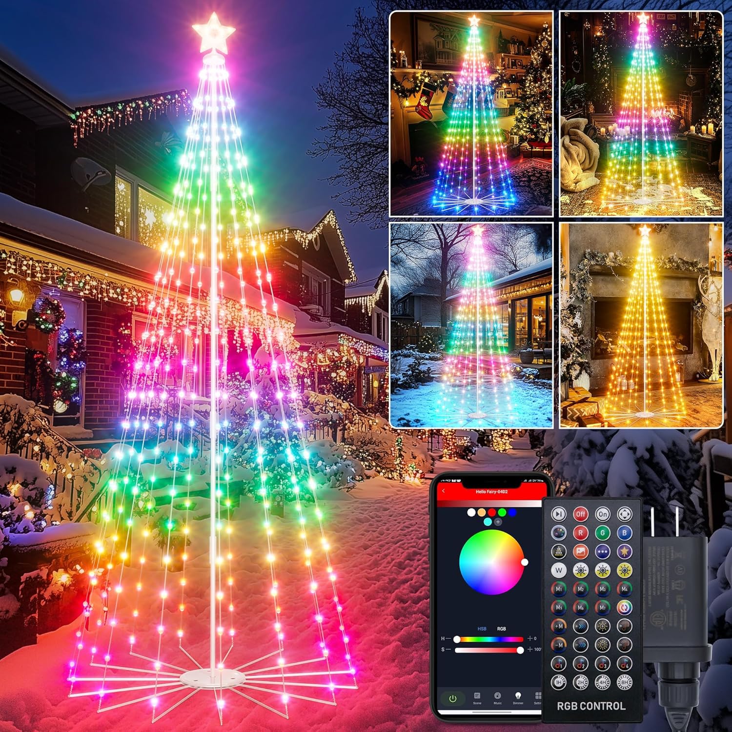8ft LED Outdoor Christmas Cone Tree, 202 Lighted Artificial Tree with Star Topper, APP/Remote & Timer, DIY Color Light Show for Christmas Outdoor Decorations