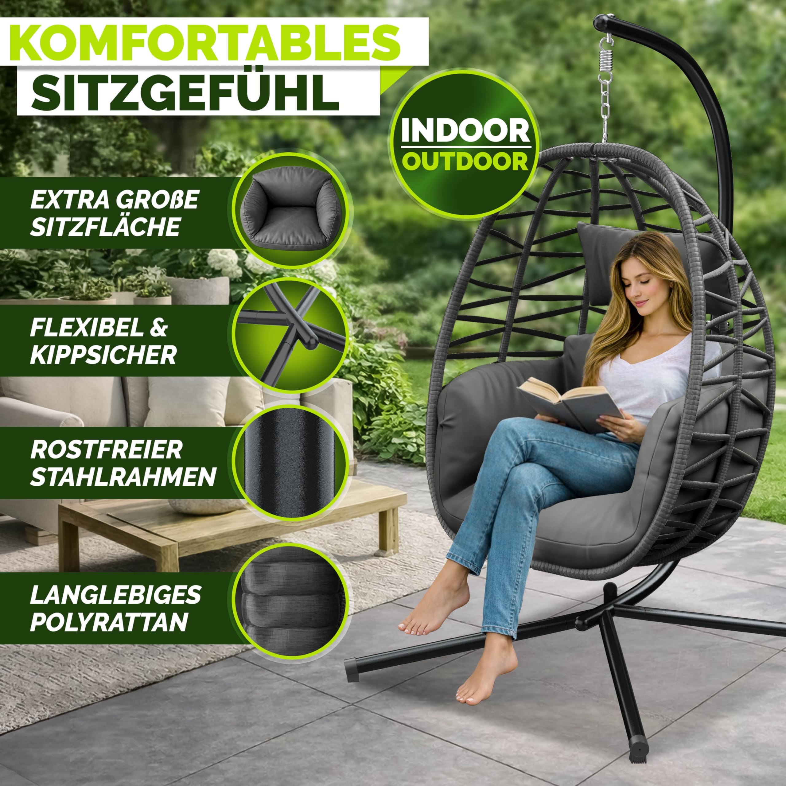 tillvex® Hängesessel mit Gestell Outdoor & wetterfester Abdeckung inkl. Befestigung | Hängekorb klappbar bis 150 kg | Hängesitz aus Rattan | Hängestuhl für Indoor Garten Balkon Terrasse (Anthrazit) - 3