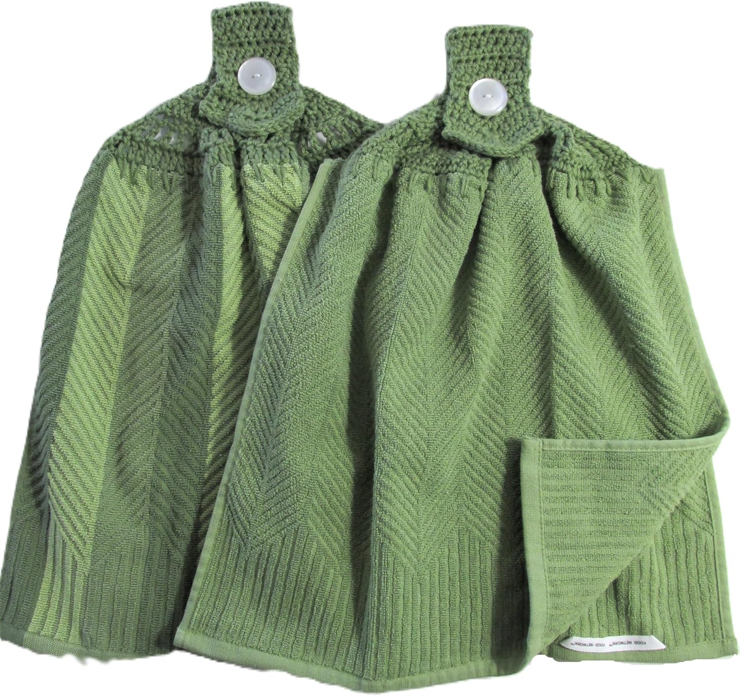 Set of 2 Green Doubled Chevron Design Hanging Kitchen Towels with Green Cotton Crochet Top