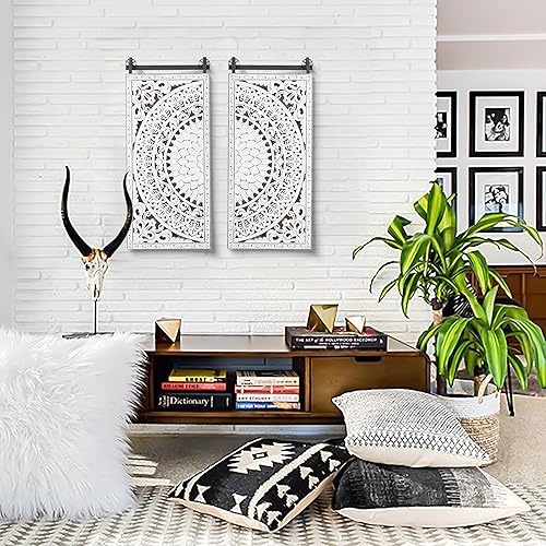 Miniatura 8 de LuxenHome - Arte de pared de madera tallada, esculturas de pared de madera de 33 pulgadas, paneles 3D con patrón floral, decoración de pared de