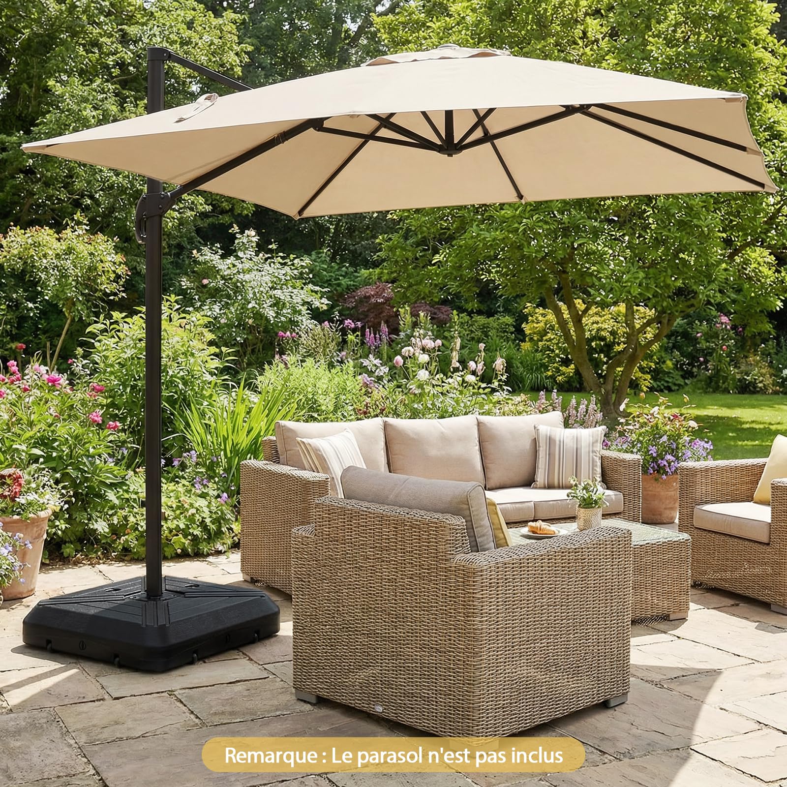 COSTWAY Pied de Parasol Déporté avec 2 roulettes, Support Parasol en HDPE, Rempli de 156 kg Sable&Eau/125 kg Sable/78 kg Eau, Barre Transversale, Base pour Jardin Piscine Terrasse, 81 x 81 x 19 cm