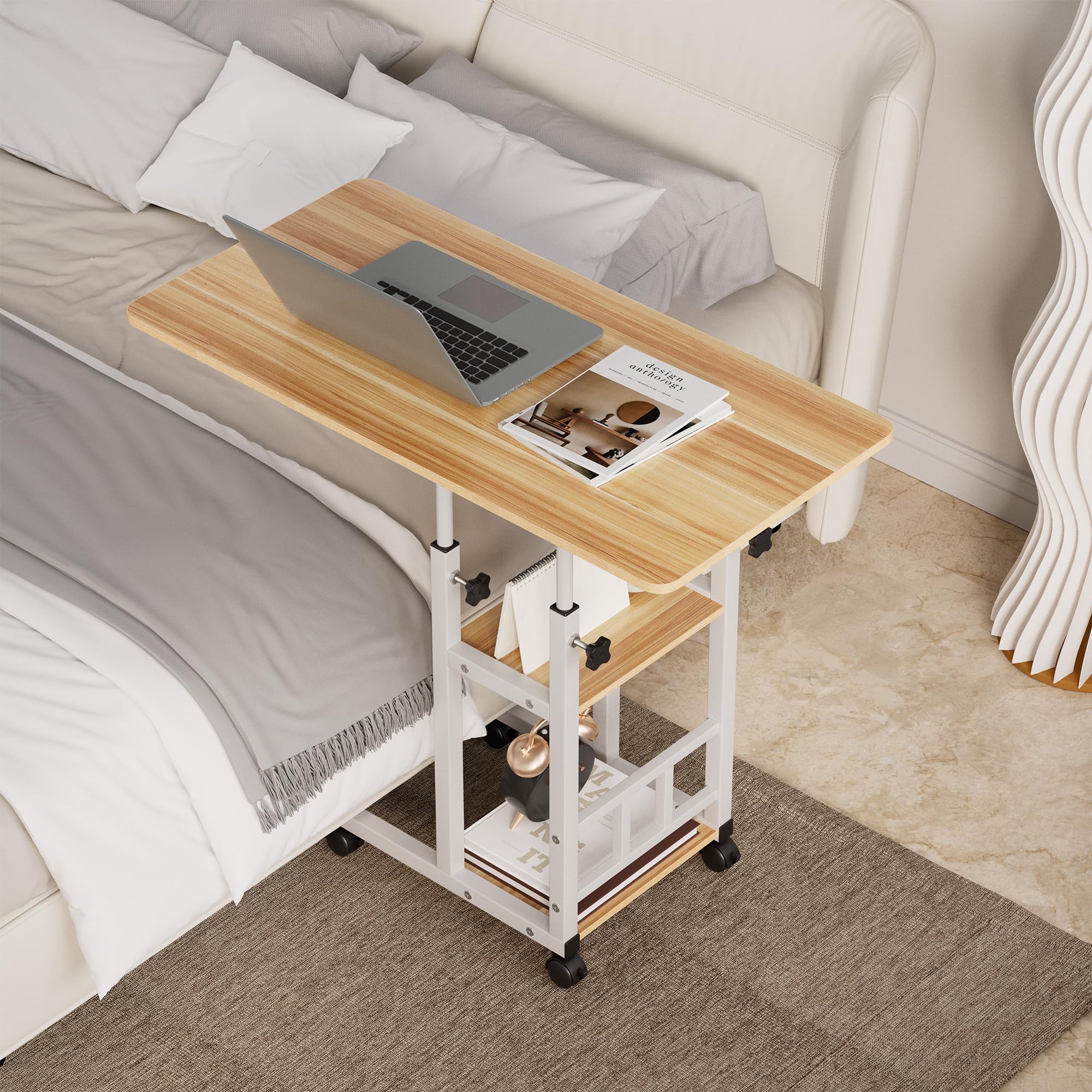 Tavolino mobile per letto a 3 strati, regolabile in altezza, con ruote, stabile, per letto, divano, scrivania, per casa, ufficio, camera da letto, soggiorno