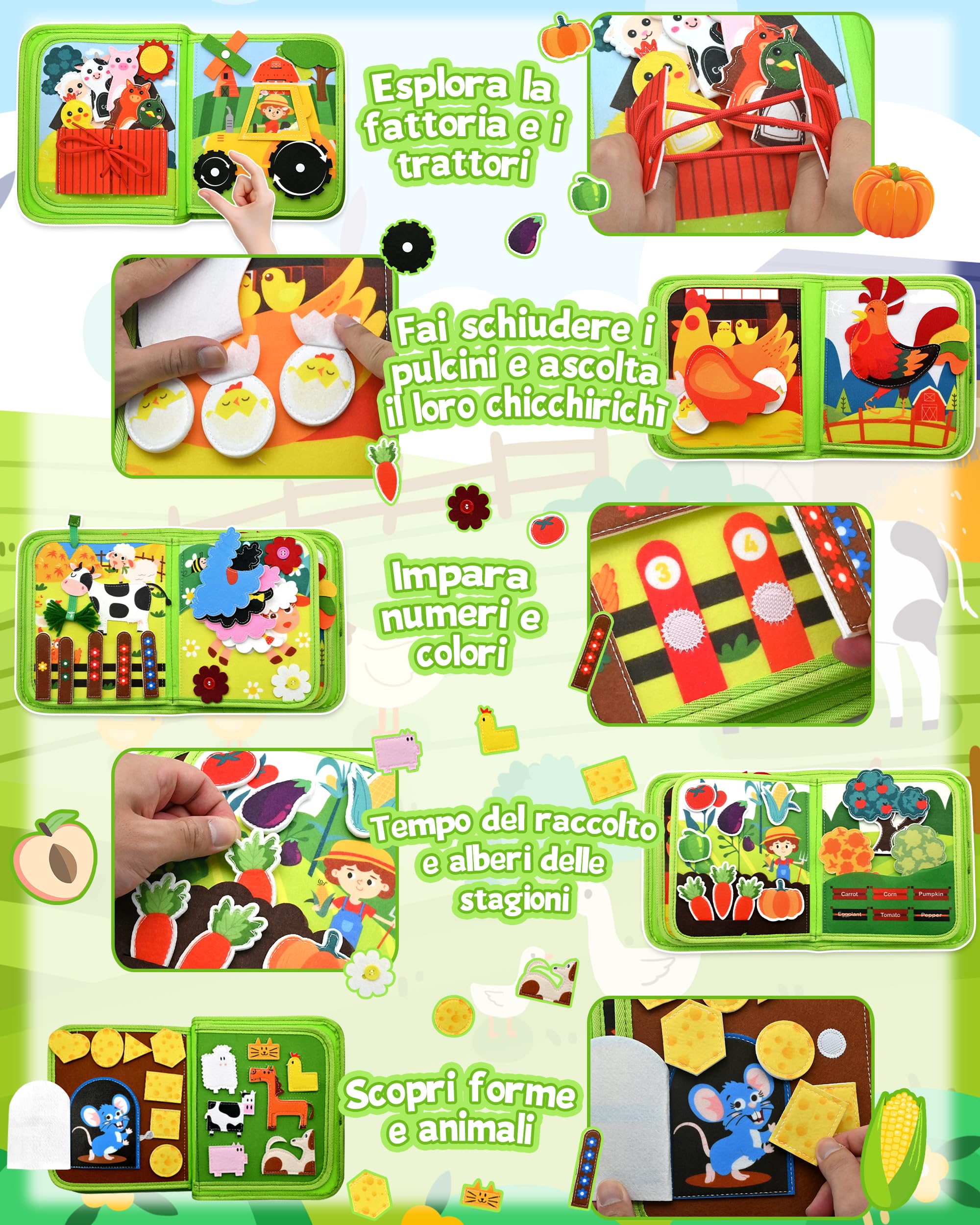 Meafeng Busy Board Libro Montessori Interattivo 1 Anno, Quiet Book sensoriale educativo, Giochi Montessori 1 2 3 4 5 6 Anni, Pannello di Feltro attività, Valigetta Montessori Bambini