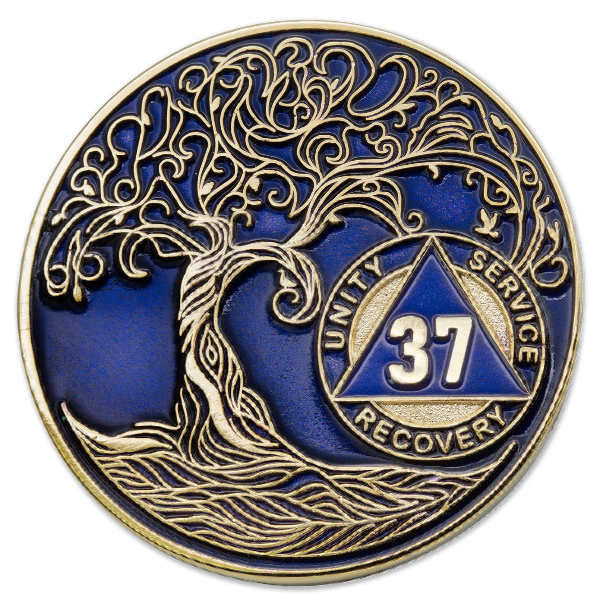 1 to 50 Year Twisted Tree of Life Sobriety Coin - Gold Plated AA Chips & Medallions - 37 Year Sobriety Coin - Translucent Blue