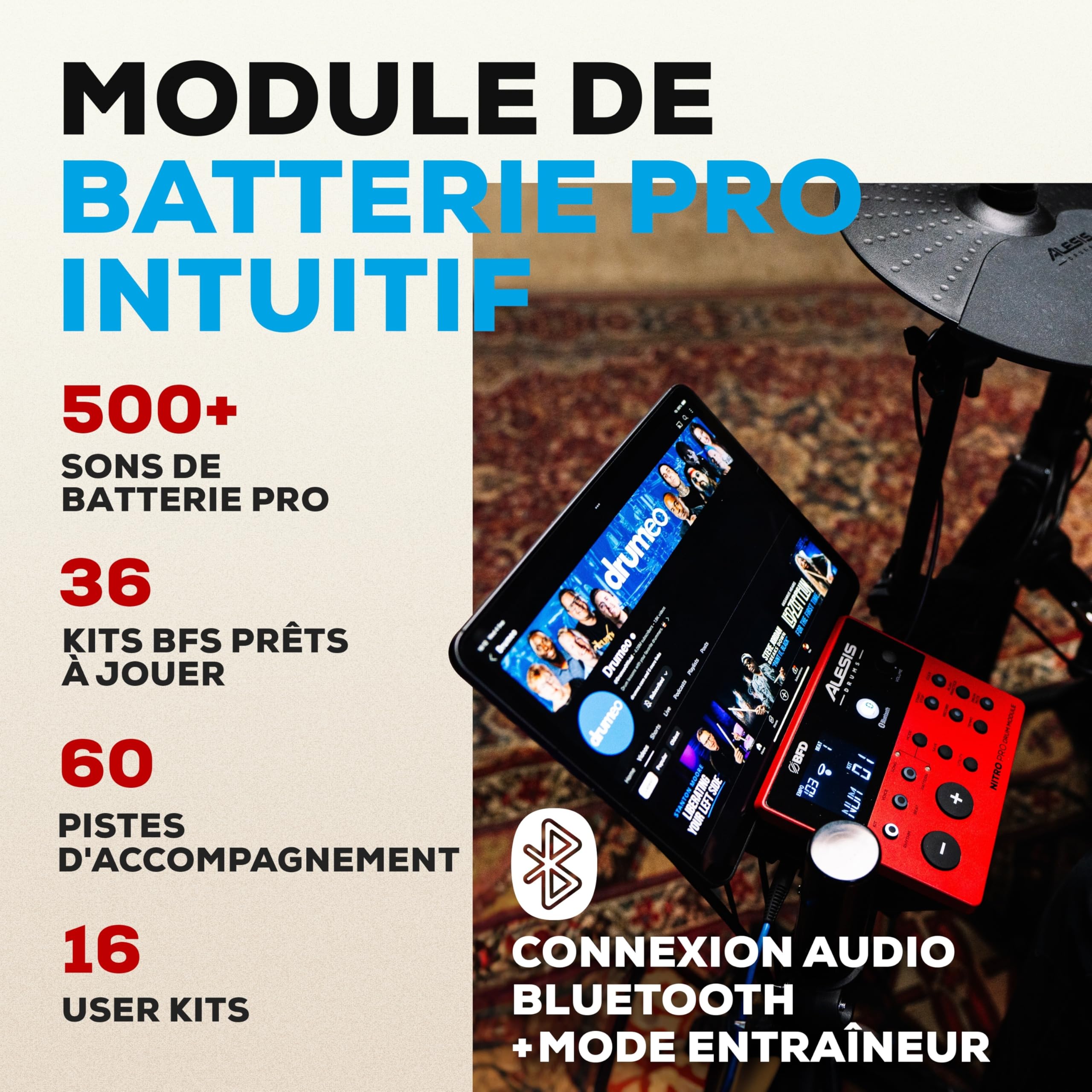 Alesis Nitro Pro XL Batterie Électronique de 10 Pièces avec Pads Double Zone Silencieux, Plus de 500 Sons BFD, Bluetooth, Drumeo, MIDI USB