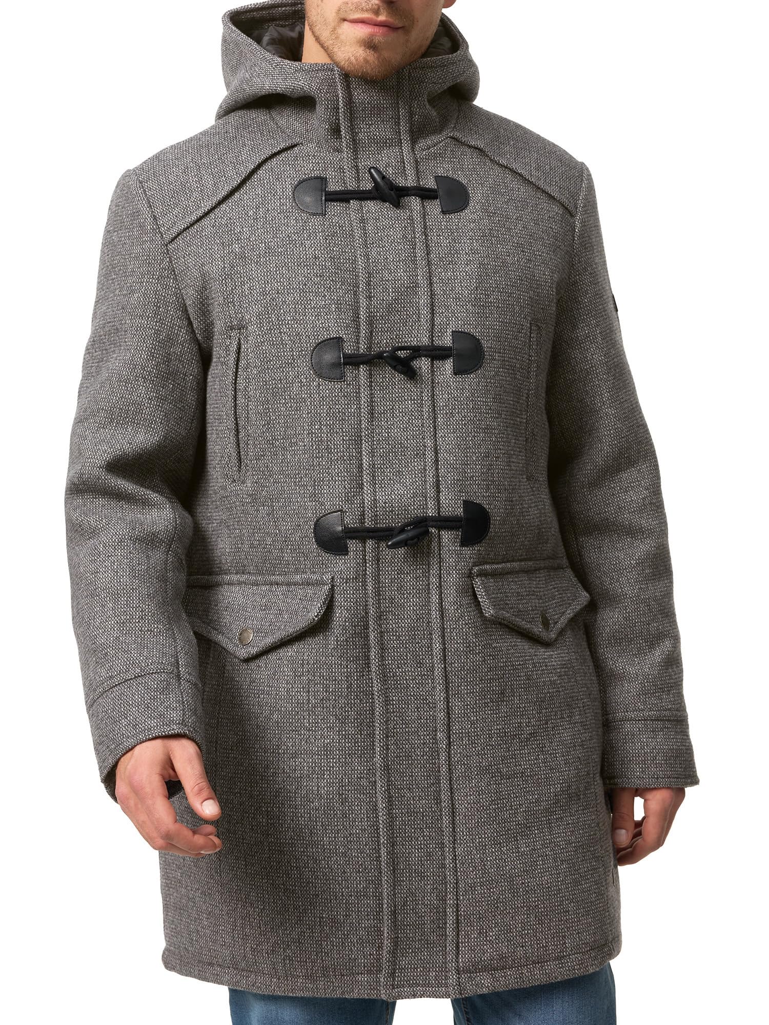 Indicode Męski płaszcz Liam Dufflecoat ze stójką i kapturem | nowoczesny wełniany płaszcz z 5 kieszeniami, ciepły płaszcz zimowy z podszewką, płaszcz męski zimowy, kurtka zimowa