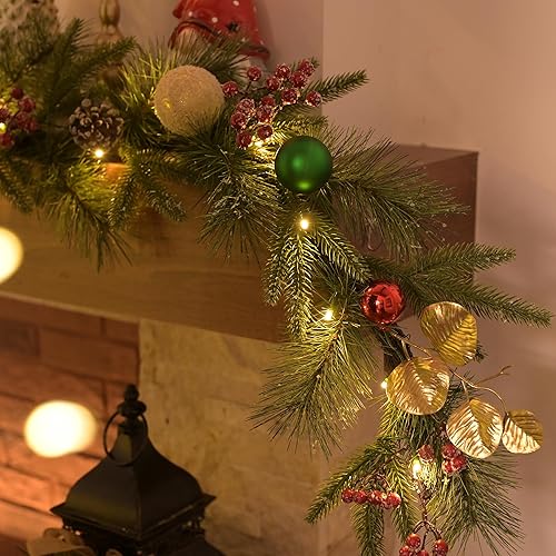 Miniatura 4 de Valery Madelyn Guirnalda de Navidad preiluminada de 9 pies con luz para manto, guirnalda de Navidad iluminada al aire libre con bola de oro rojo,