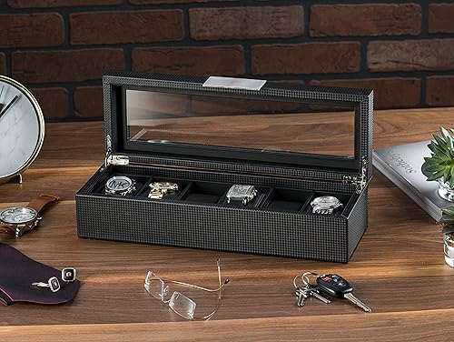 Miniatura 2 de Caja de relojes para hombre - Estuche con 6 compartimentos, fibra de carbono, caja grande, metal, negro