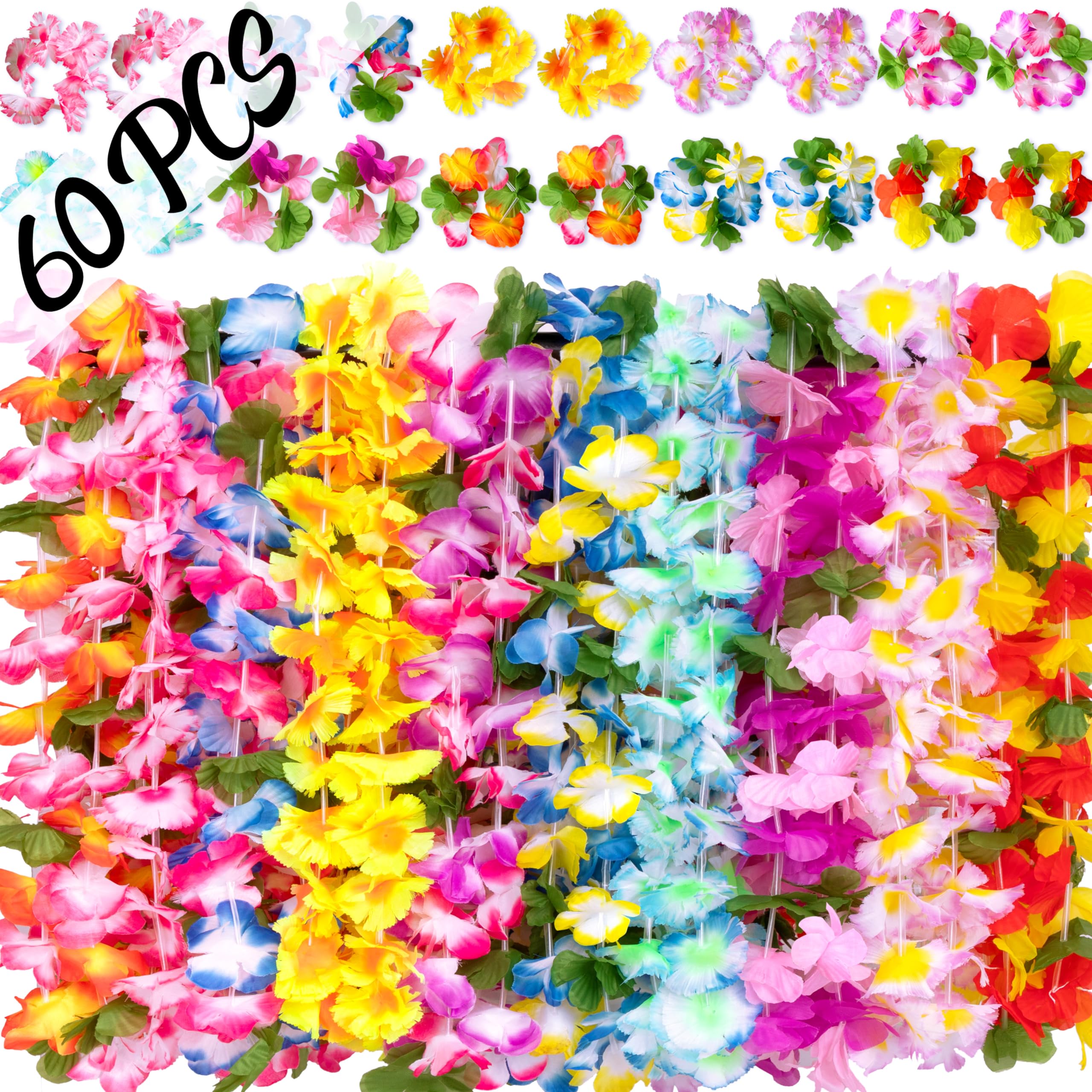 Moon Boat 60 Pieces Hawaiian Luau Leis - Tropical Tiki Hibiscus Flowers for Summer Pool Party Favors Supplies Decorations - 10 Styles