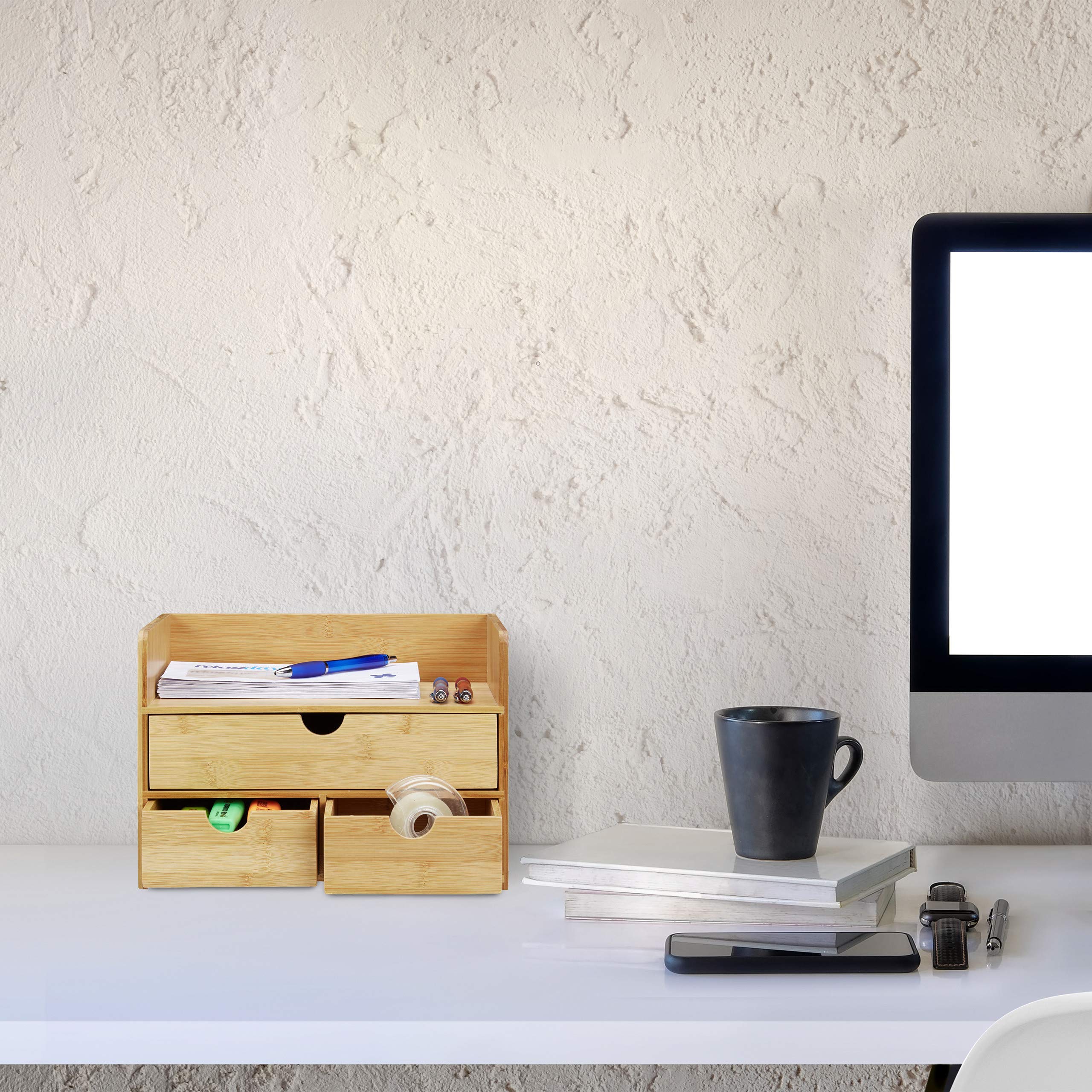 Relaxdays Desk Organizer, Portaoggetti in Bambù, Portaoggetti per Cancelleria, Organizer Scrivania, Legno Naturale